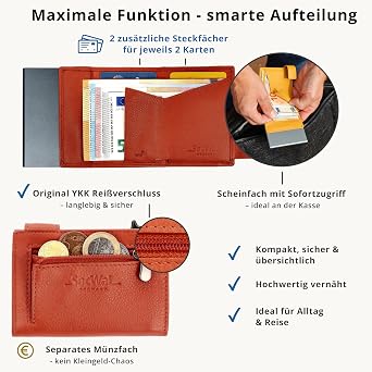 SecWal Card Case with Coin Compartment Zip Made in Germany Genuine Leather Mini Wallet incl. E-Book for Men and Women with RFID Protection Leather Wallet Small Purse (9.5 cm x 7.0 cm x 2 cm)