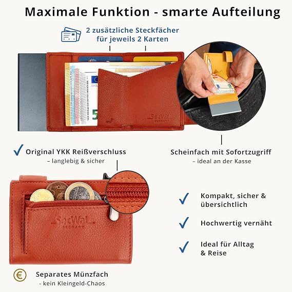 SecWal Card Case with Coin Compartment Zip Made in Germany Genuine Leather Mini Wallet incl. E-Book for Men and Women with RFID Protection Leather Wallet Small Purse (9.5 cm x 7.0 cm x 2 cm)