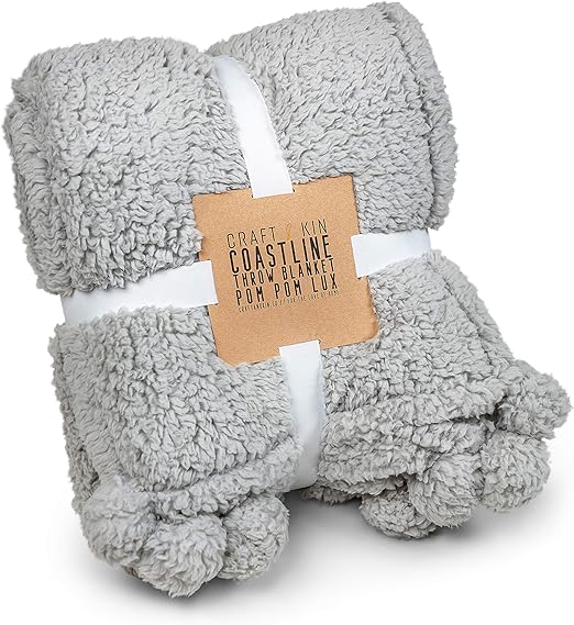 Premium Pom Pom Throw Blanket Grey Throw Blanket, Plush