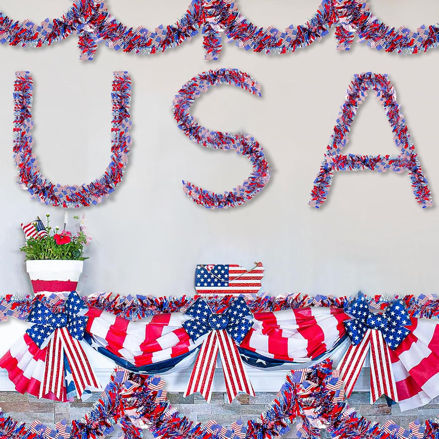 4 Pack 26.4 ft Red White Blue Patriotic Tinsel Garland with American Flags, Metallic Foil Fringe Banner Streamers for 4th of July, Memorial Day, Veterans Day, Independence Day, and Parade Decorations
