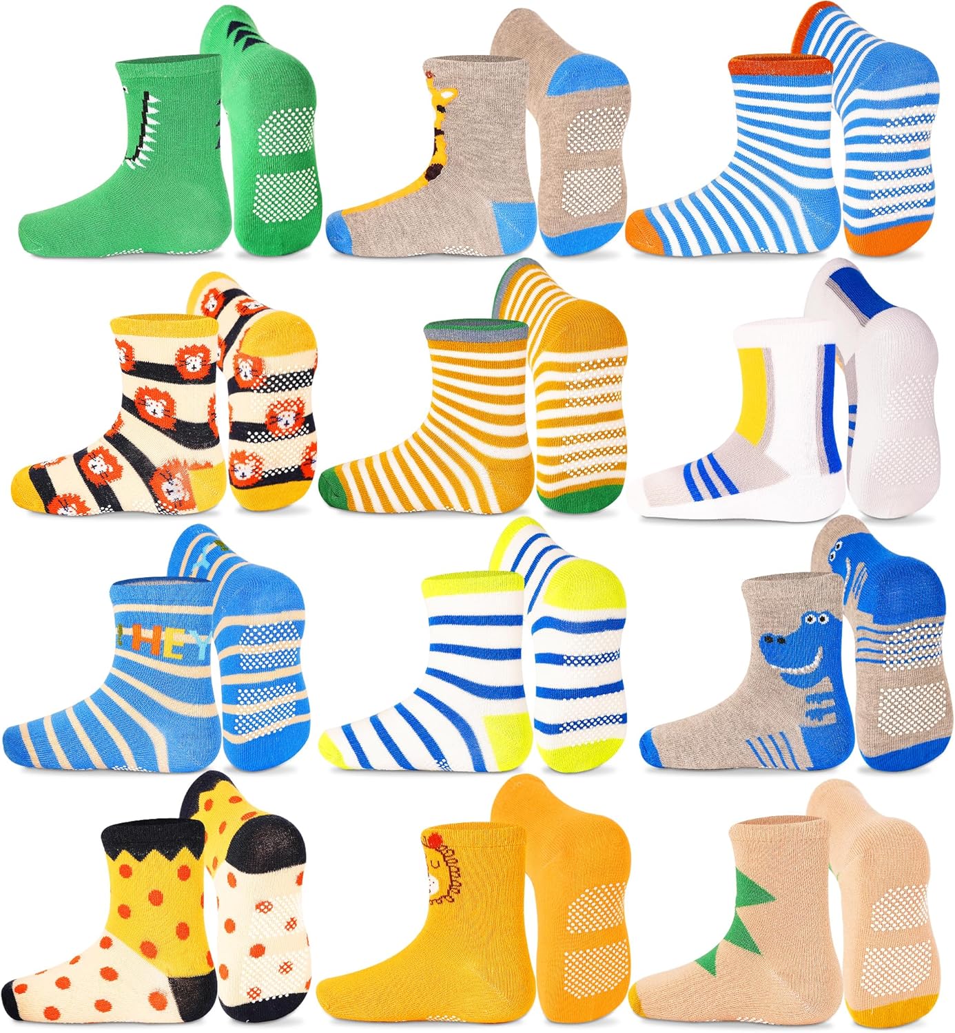 GRPSKCOS Toddler Non Slip Socks- 12 Pairs Anti Skid Kids Socks Cute Crew Grips Sock for 1-7 Years Boys Girls Children