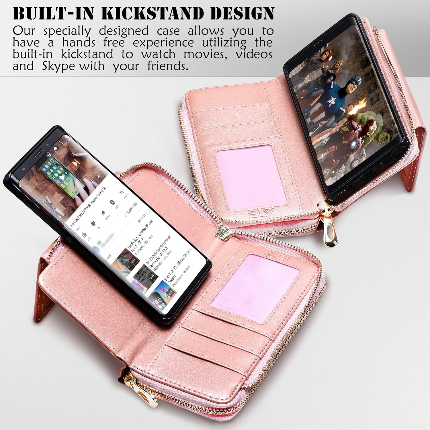 ELV Purse Wallet Case for Samsung Note 9 (PU Leather) Detachable 2in1 Folio Purse Credit Card Flip Case with Card Slots, Stand and Magnetic Closure for Samsung Galaxy Note 9 (Rose Gold)