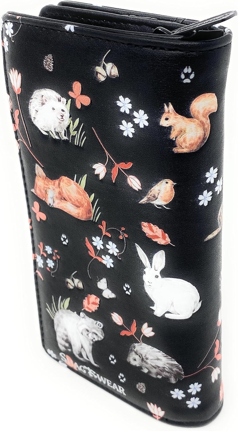 Shag Wear Forest Animal Friends Large Wallet for Women and Teen Girls Vegan Faux Leather 7" Black