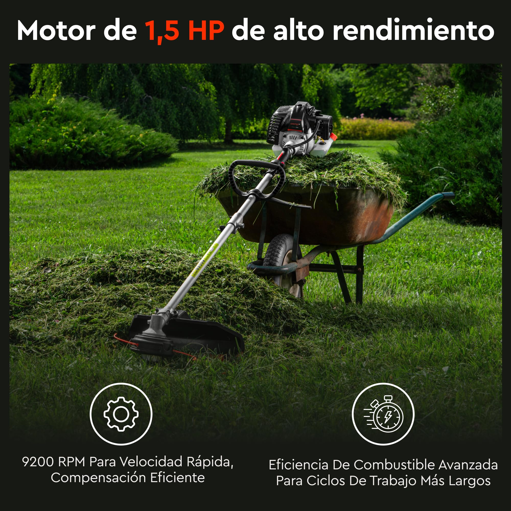Desbrozadora de Gasolina, 32,6 CC, 1 kW (1,5 HP), Hilo 430 mm, Disco de Acero 255 mm, 7,1 kg, Arnés Mochila, Empuñadura Tipo D y Easy Start - 33M