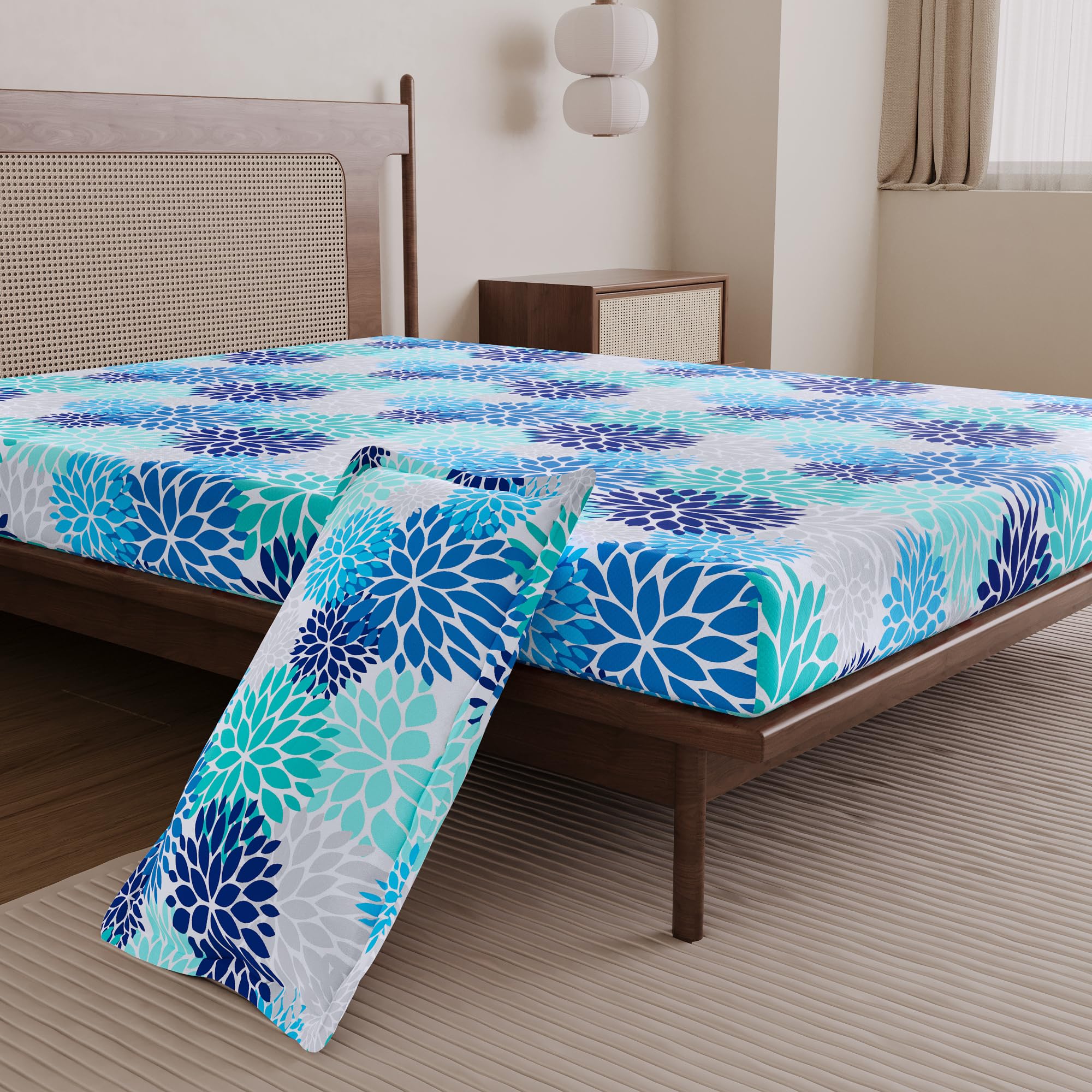 Divine Casa 144 TC 100% Cotton Single Bedsheet with 1 Pillow Cover | Soft Breathable Wrinkle Free Bed Sheet Set | Printed Bedding for Bedroom | 145 x 223 cm (Blue Aqua, Floral)