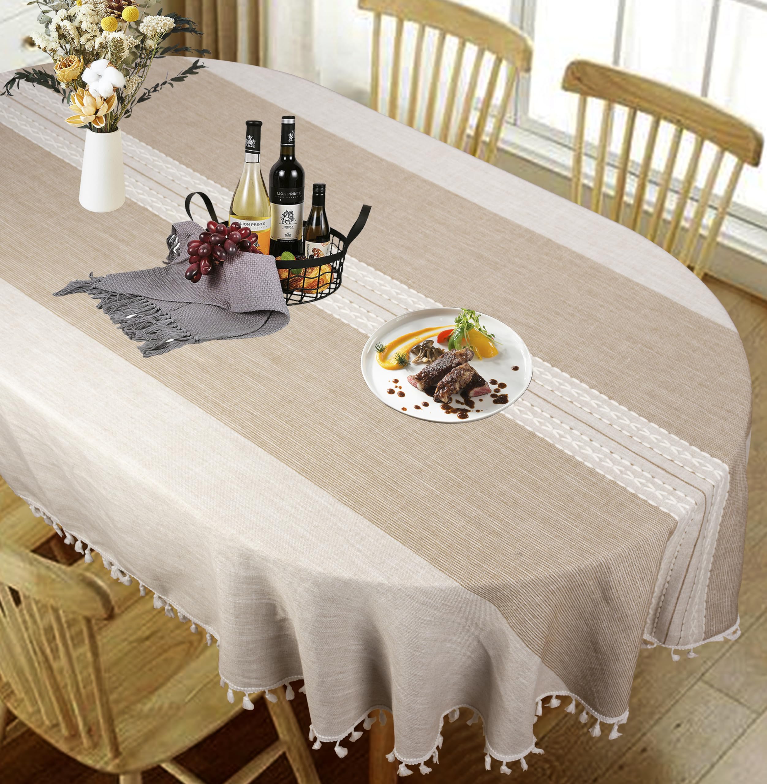 TUOTPE Brown Embroidered Tassel Oval Tablecloth, 60 x 84 Inch, Polyester Linen, Wrinkle Resistant, Kitchen Dining