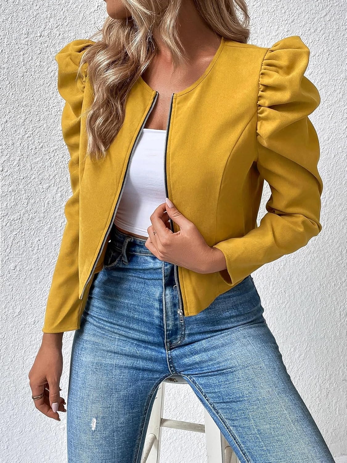 Women's Trench Coat Casual Leg-of-mutton Sleeve Zipper Jacket Round Neck Classic Overcoat
