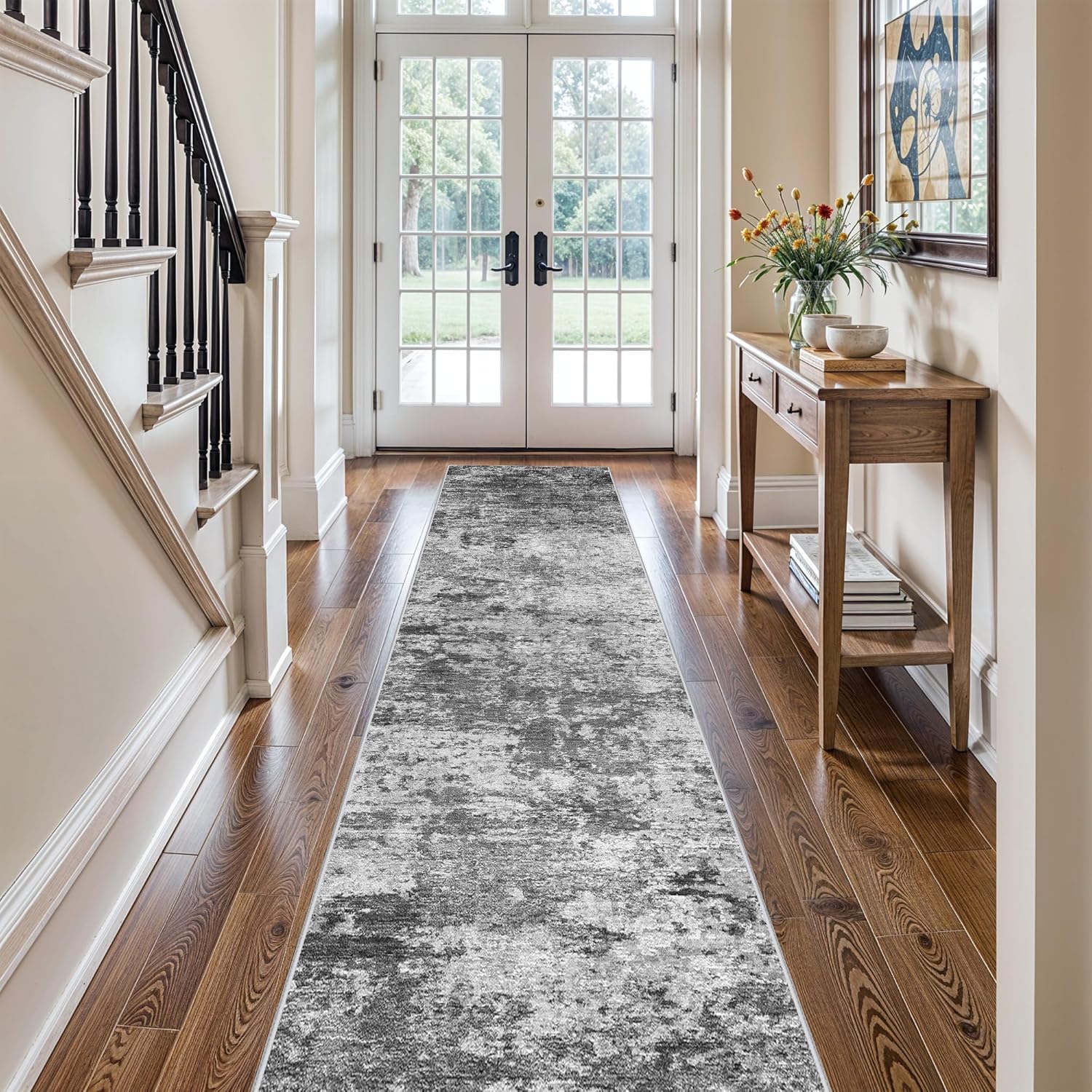 YOUFORTONG Washable Runner Rug 2x12: Soft Thin Hallway Runners Modern Abstract Kitchen Rugs Non-Slip Rubber Backing Entryway Carpet Stain Resistant Non Shedding Floor Decor Mat(Black/Grey/White, 2X12)