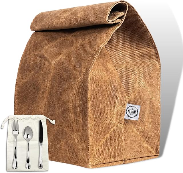 Asebbo Waxed Canvas Lunch Bag - Reusable Waterproof Lunch Sack for Office Work School Snacks - Brown Paper Bag Styled Large Lunch Bags for Women, Men, Kids - Made of 16 Oz Double Stitched Waxed Canvas