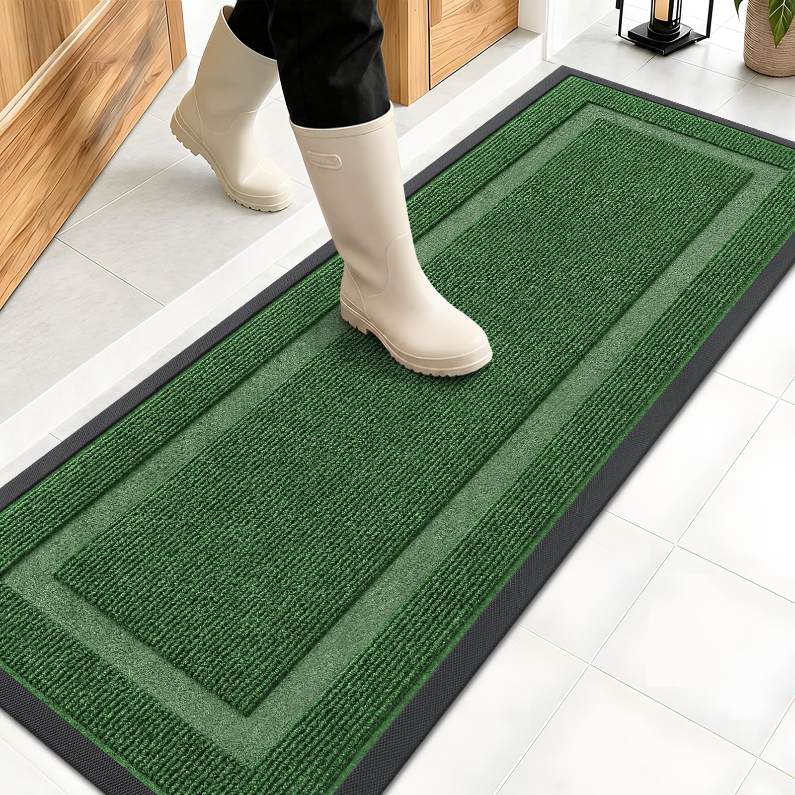 OLANLY Front Door Mat Outside 47x17, All-Season Heavy-Duty Rubber Doormat | Green, Absorbent, Stain and Fade Resistant, Waterproof Non-Slip Backing, Low-Profile Indoor Outdoor Floor Mat for Entryway