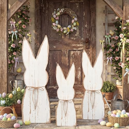 GlikCeil 3 Pcs Easter Bunny Decor for Porch Easter Wooden