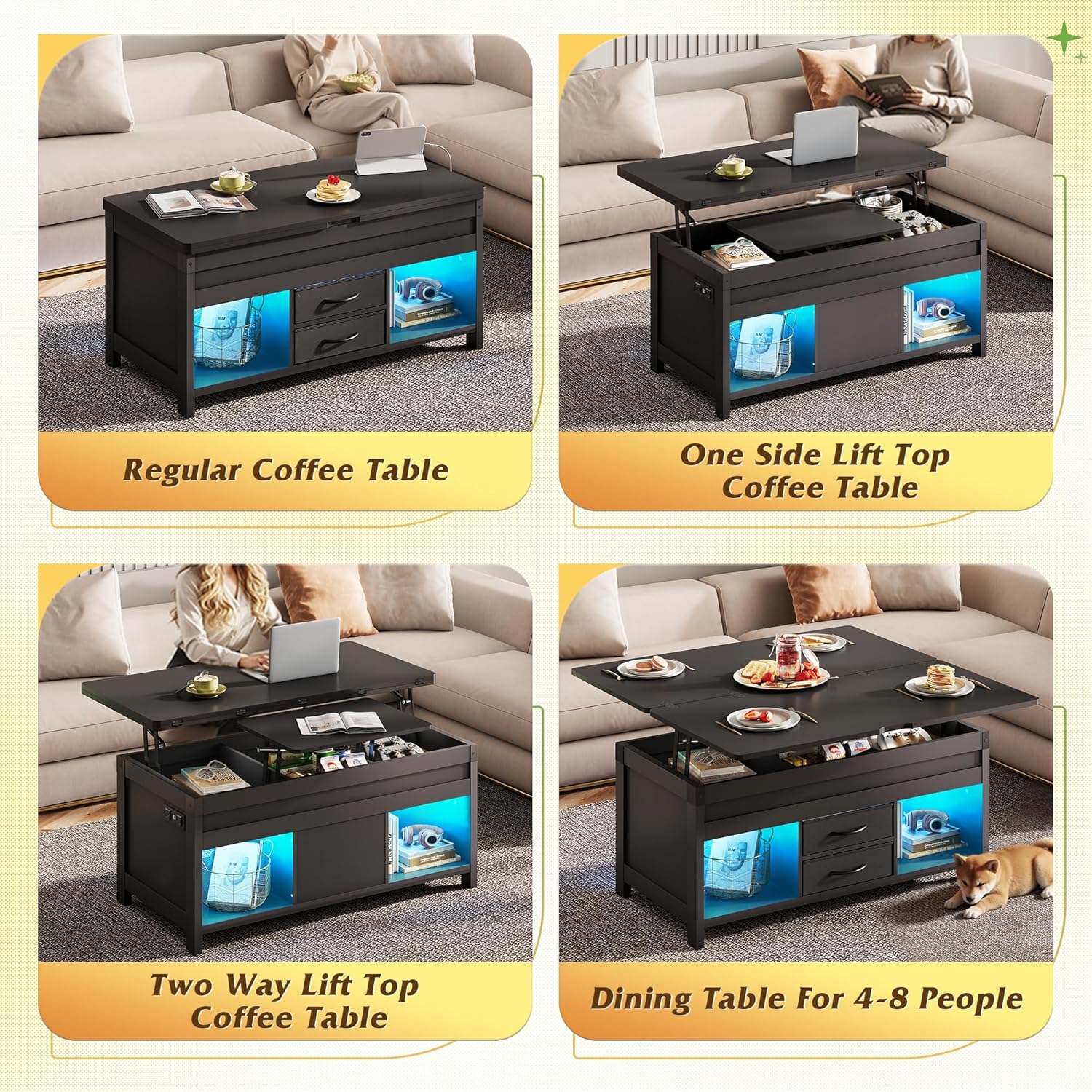 WLIVE 40" Lift Top Coffee Table, 4 in 1 Coffee Tables with Storage, 2 Fabric Drawers, LED Light and USB, Modern Coffee Table with Hidden Compartment for Living Room, Dining Room, Black