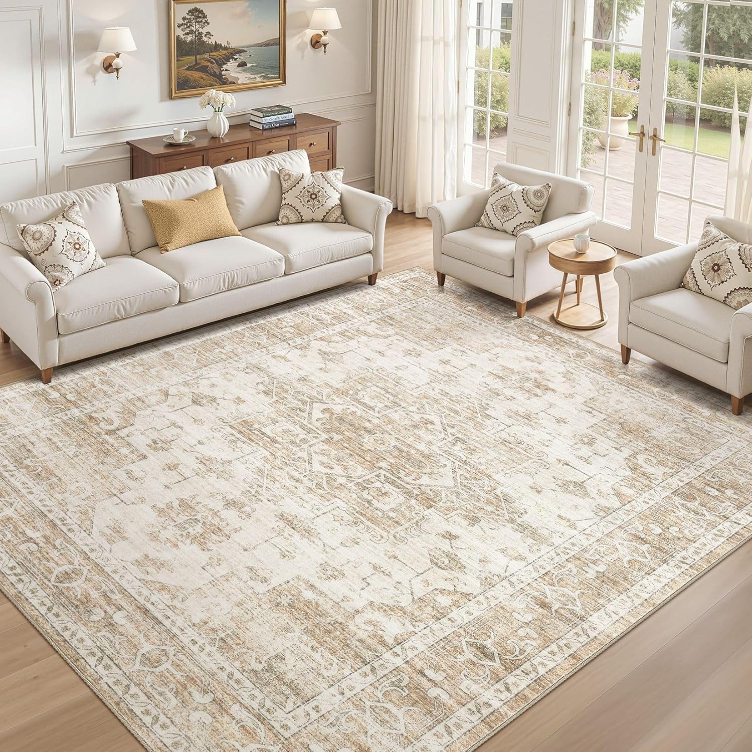 Washable Area Rugs 9x12, Soft Large 9x12 Rugs for Living Room Non-Slip Vintage Beige Indoor Carpet Stain Resistant Rugs for Dining Room Bedroom Nursery Kid & Pet Friendly