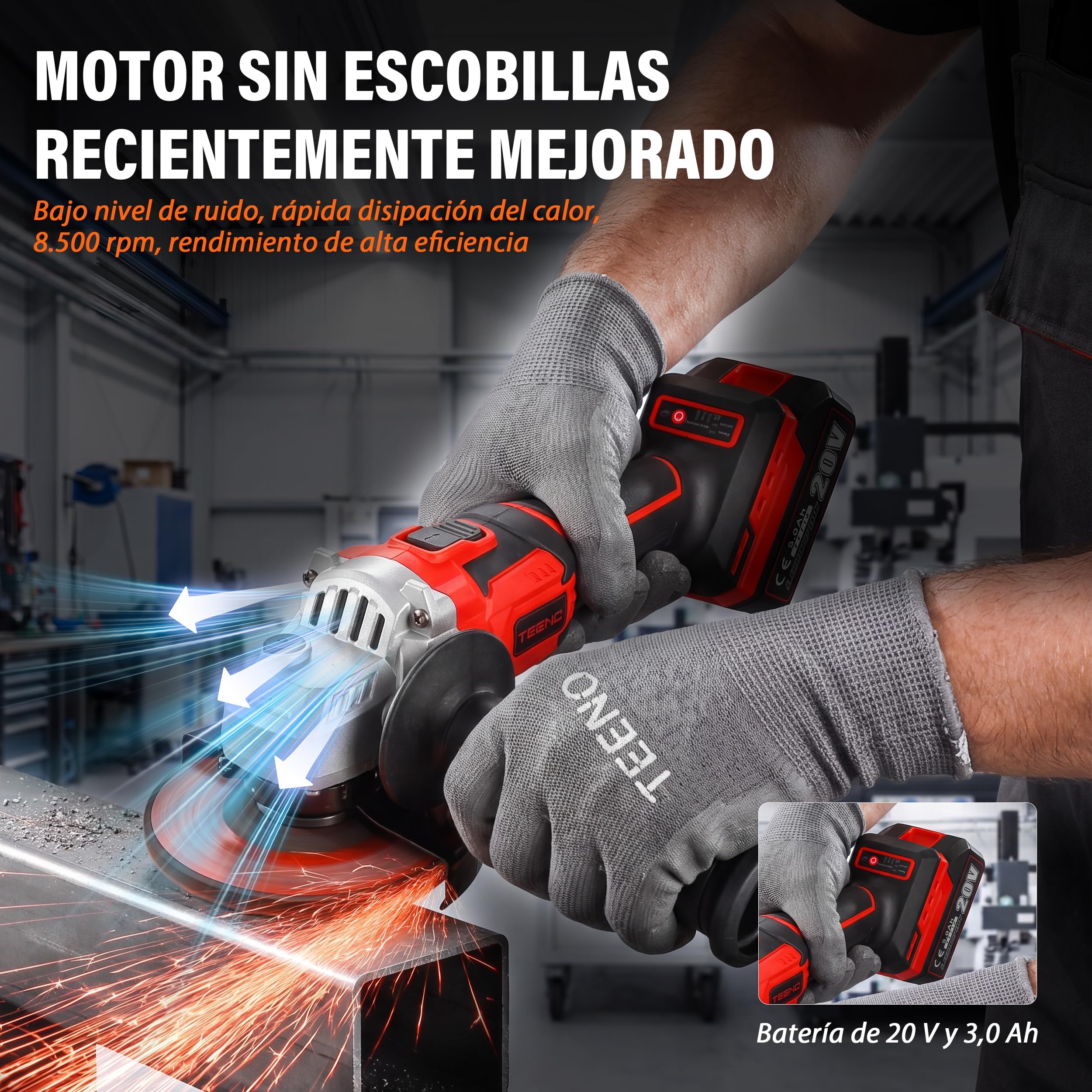 TEENO Herramientas, atornillador, llave impacto y amoladora angular batería | Equipado motor sin escobillas, pilas 3Ah y vel regulable, juego herramientas completo apto para corte, taladrado y apriete