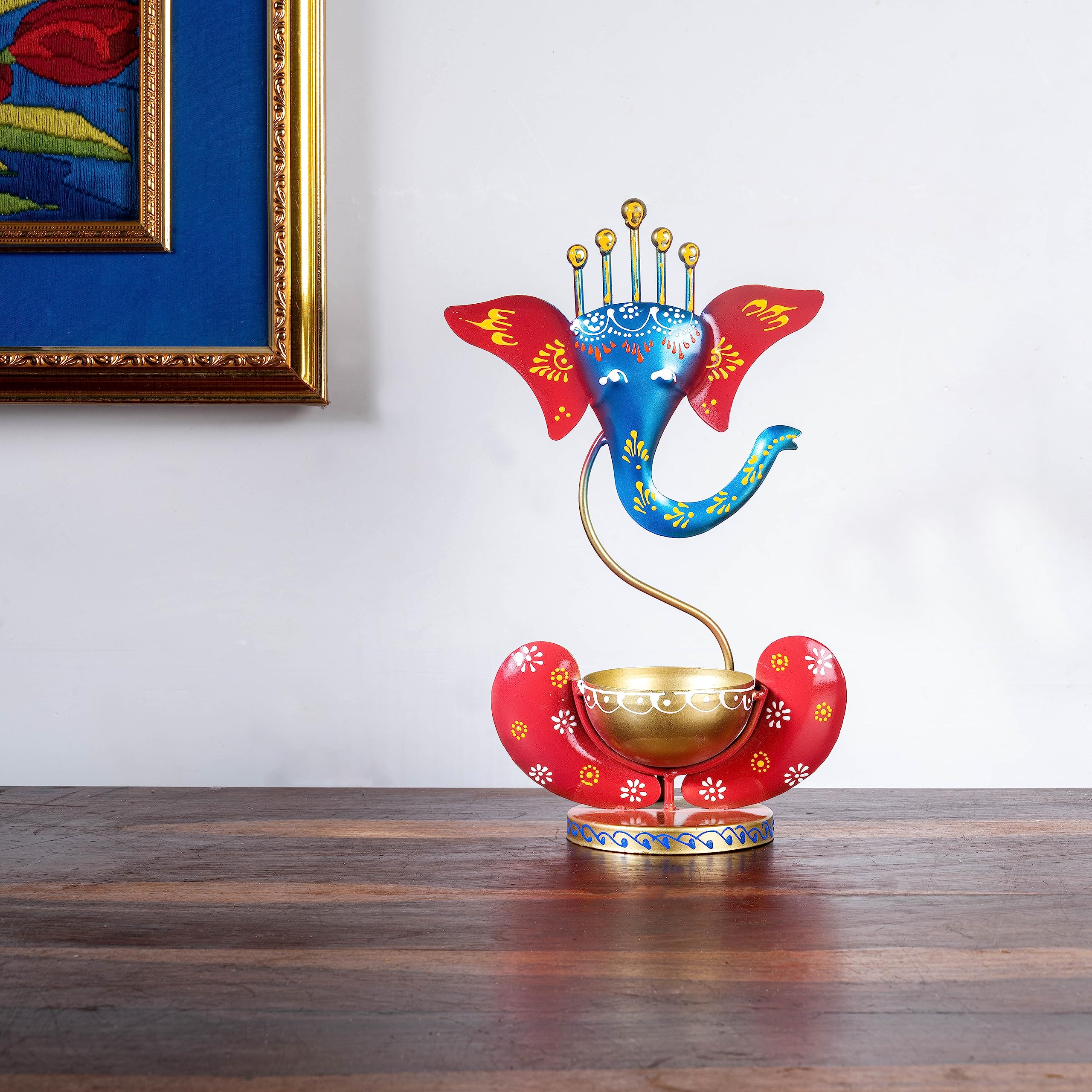 DIGGY ARTS Hand Crafted and Handpainted Multicolored Ganeshji with Diya and Tea Light Holder- Pooja and showpiece for Home Decor | Ganesha Oil Diya with Base | Diyas for Puja | Ganesha Gifting (Blue)