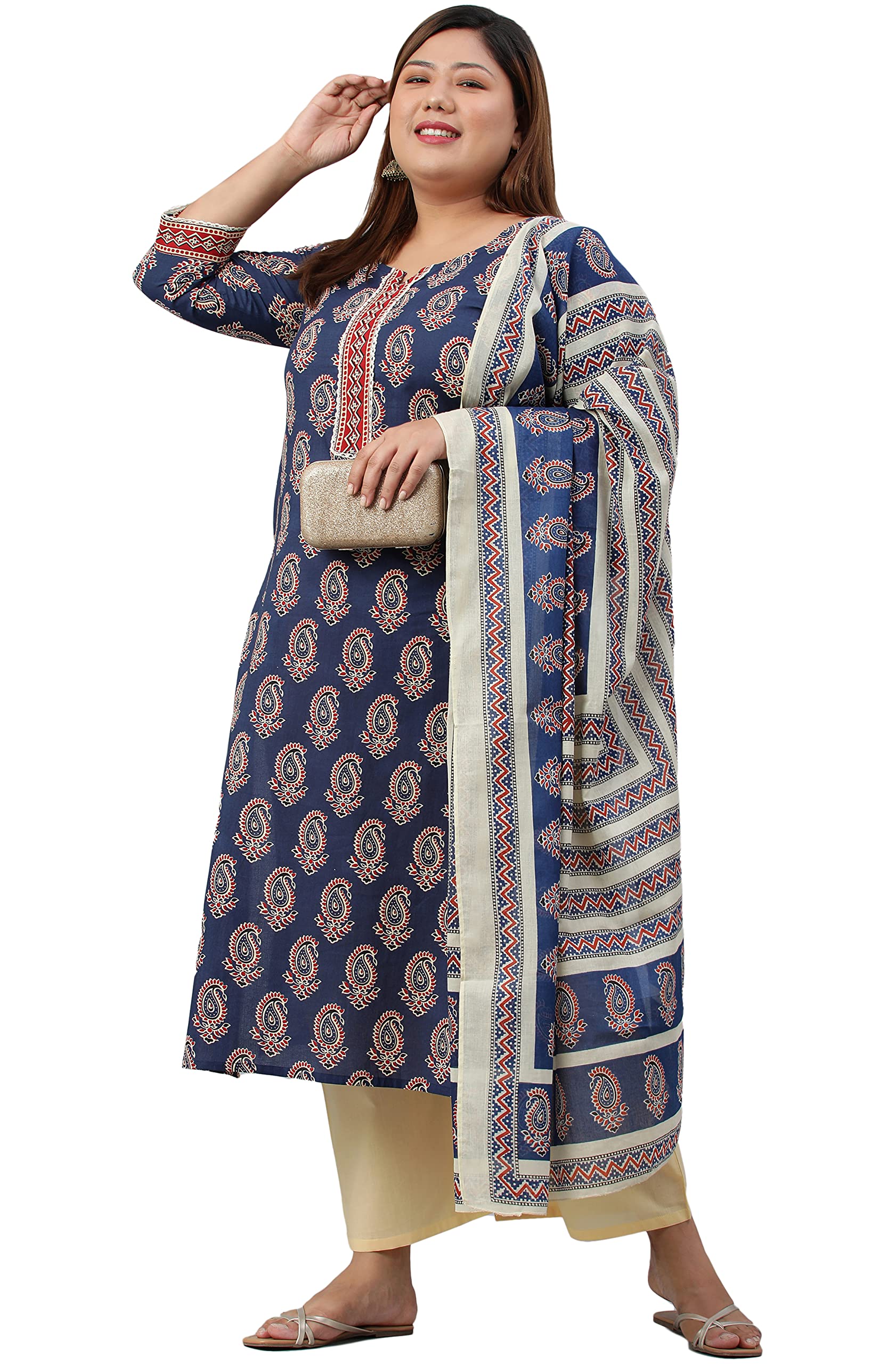 Janasya XL LOVE Indian Women's Plus Size Indigo Cotton Kurta With Palazzo and Dupatta