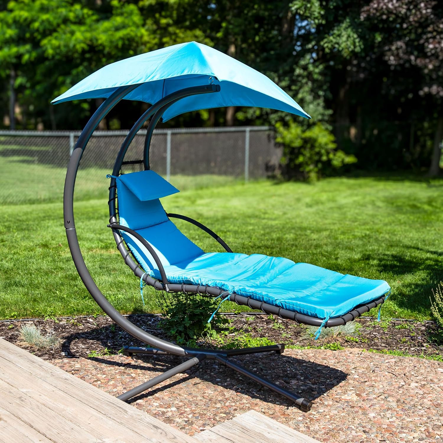 Sunnydaze Floating Chaise Lounger Swing Chair with Umbrella Canopy - Curved Steel Hammock Lounge Chair with Cushion and Pillow - Removable Cushion and Umbrella Shade - 82-Inch Tall - Teal