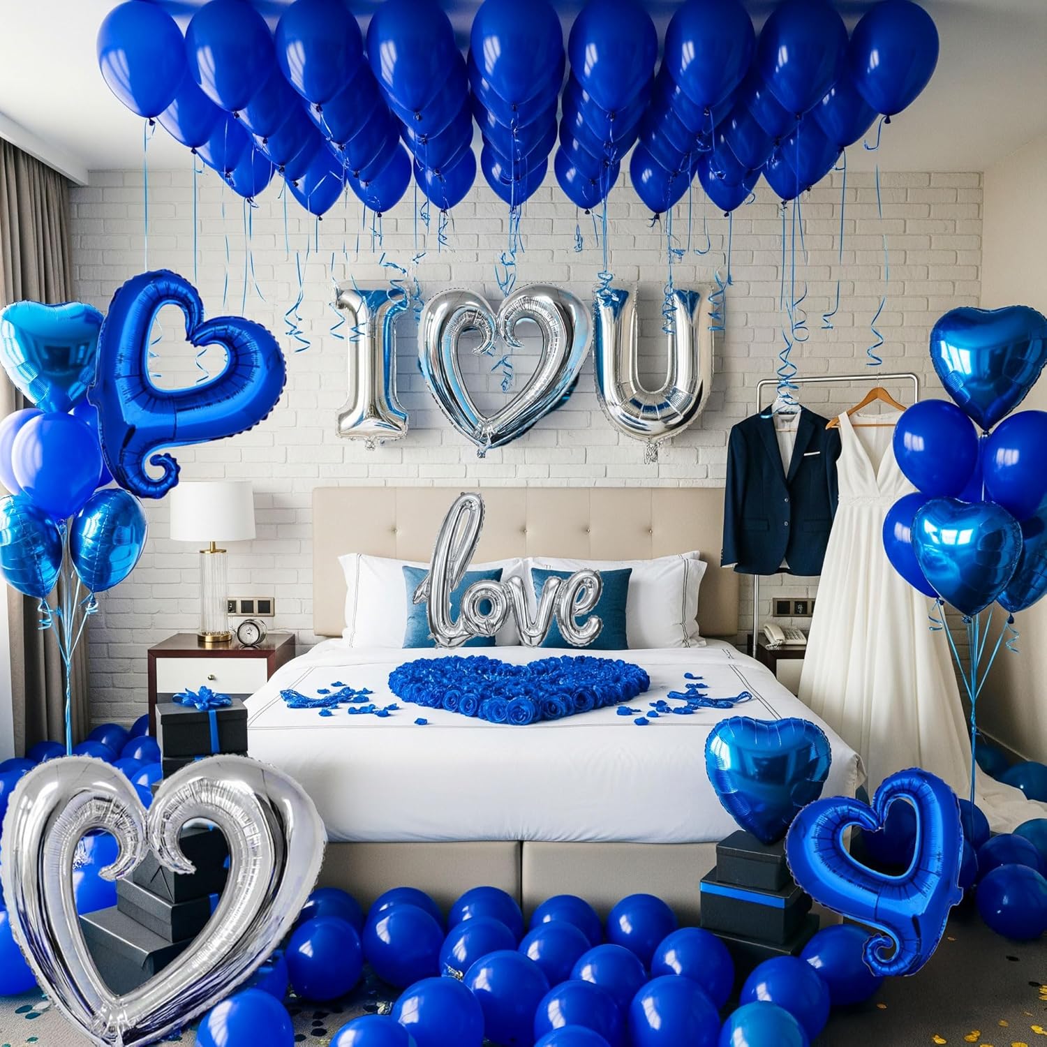 I Love You Balloons for Him/Her Balloons Royal Blue Sliver romantic balloon kit with blue heart mylar balloons blue rose petals for hotel Decorations Valentines Party wedding anniversary supplies - Image 4
