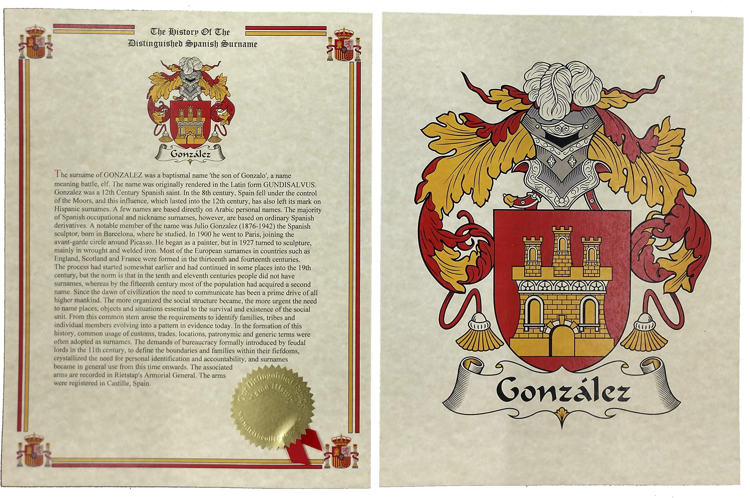 Gonzalez - Coat of Arms and Last Name History - 8.5x11 Print Combo Set