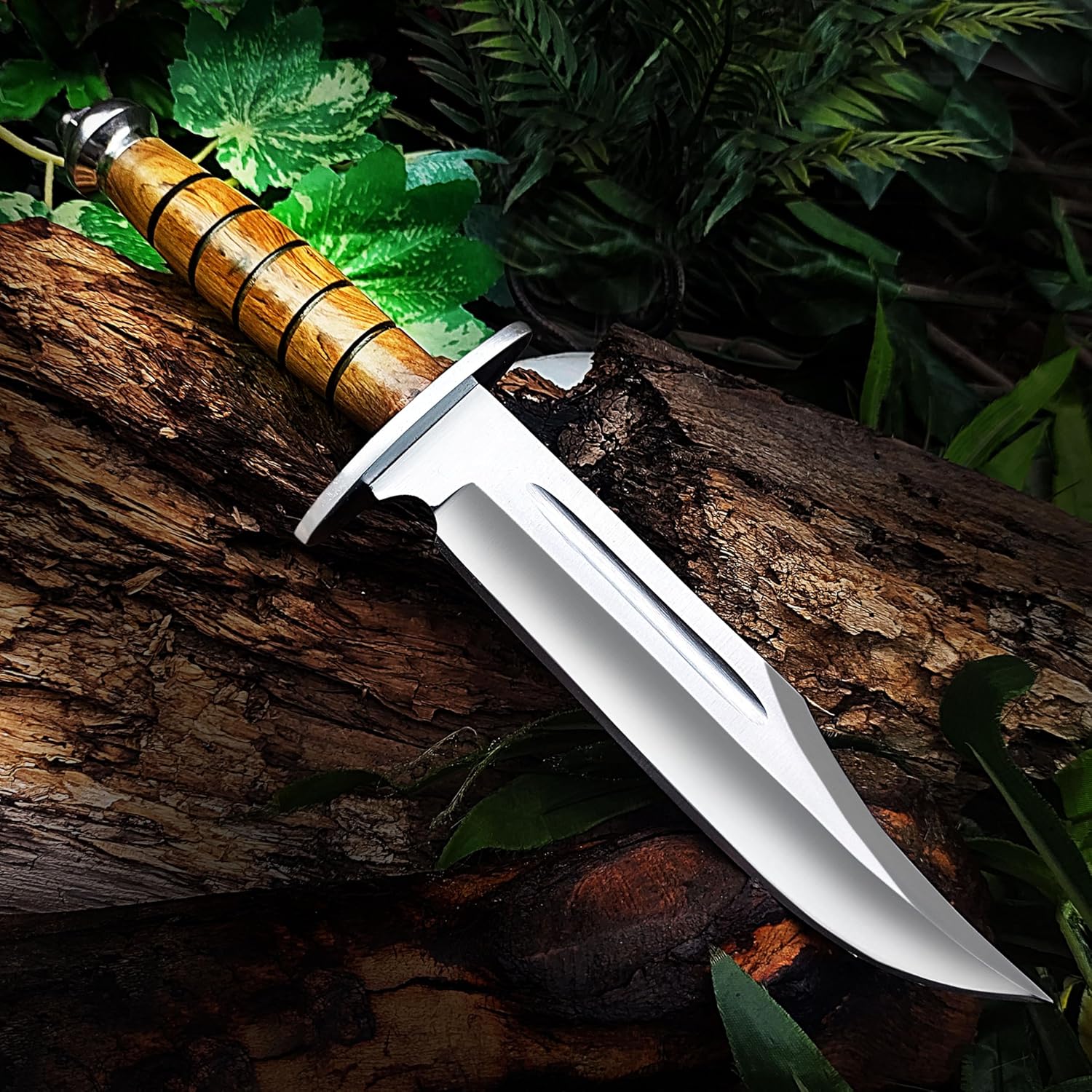 Handmade D2 Steel 13 Inches Bowie Knife With Sheath, Hunting Knife With Wood Handle And Steel Guard Ideal For Bushcraft, Camping, Survival, Hunting & Outdoor Use (OLIVE HANDLE)