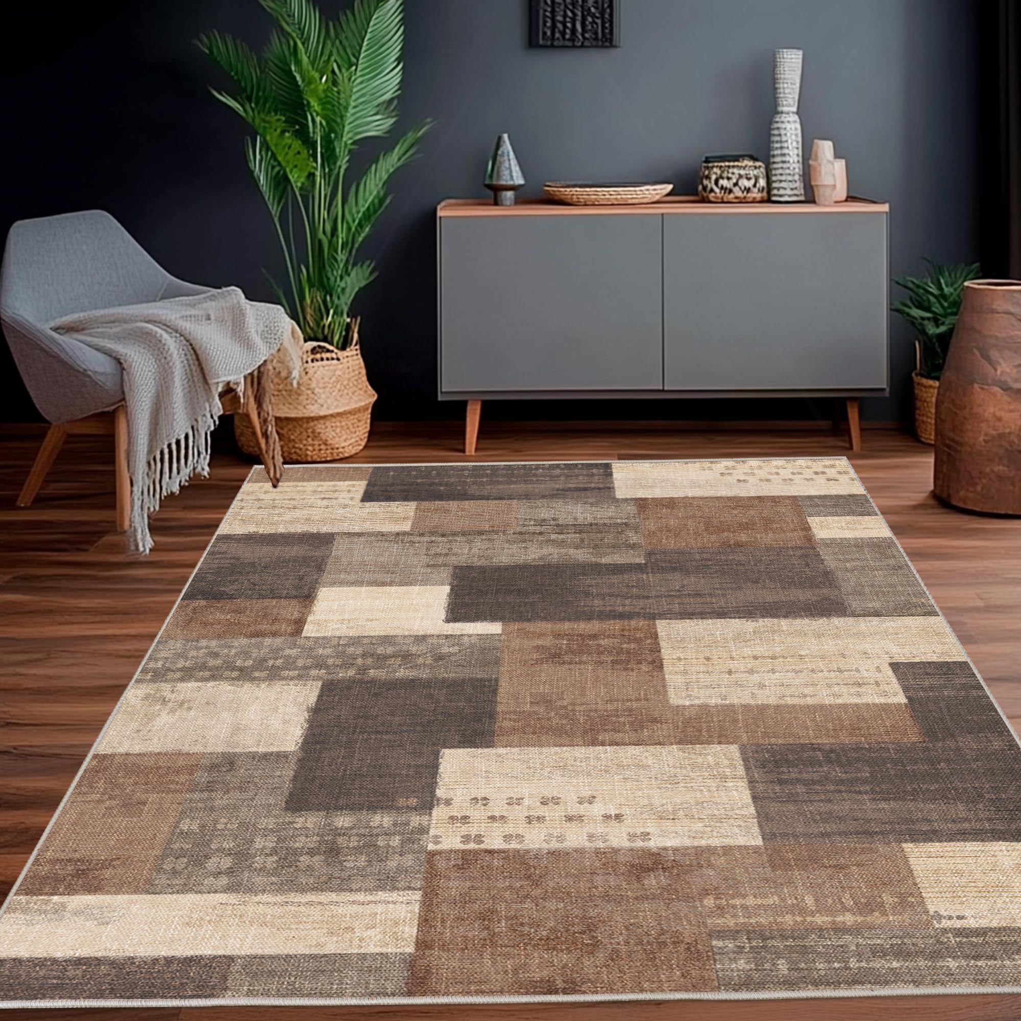 Calinline Moderne Geometrische Patchwork Indoor Wohnzimmer Teppich, Beige 160x230 cm Große Teppiche Rockwood Sammlung Böden Dekor für Schlafzimmer, Beige Weich Kurzflor Waschbar Teppich Gegend