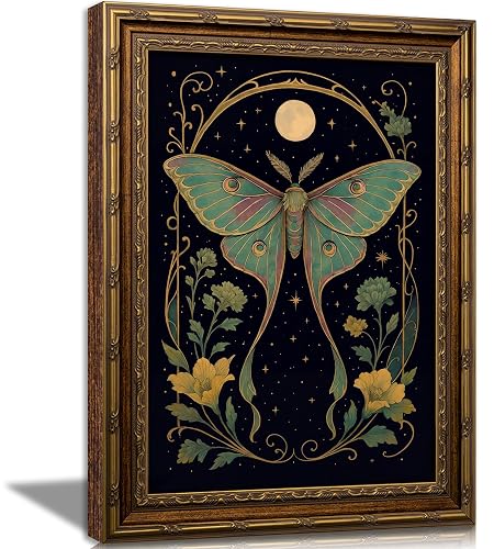 Vintage Gold Framed Dark Academy Luna Moth Wall Art, Celestial Moon Butterfly Flower Canvas Print Poster, Mystical Art Nouveau Decor for Living Room Bedroom, Ornate Home Decoration - Butterfly Moon - 16"l X 12"w