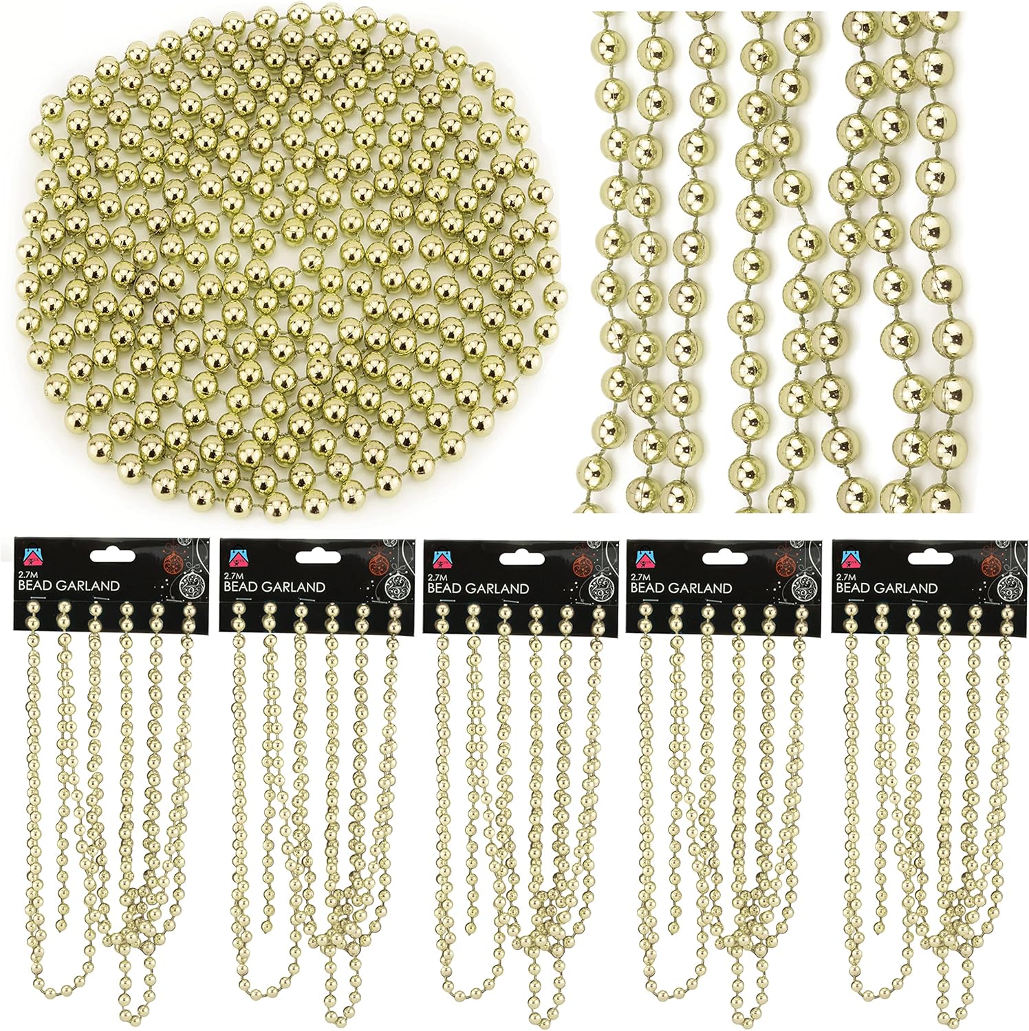 5Pk Christmas Bead Garlands, Shiny Pearl Beads Chain Plastic, Christmas
