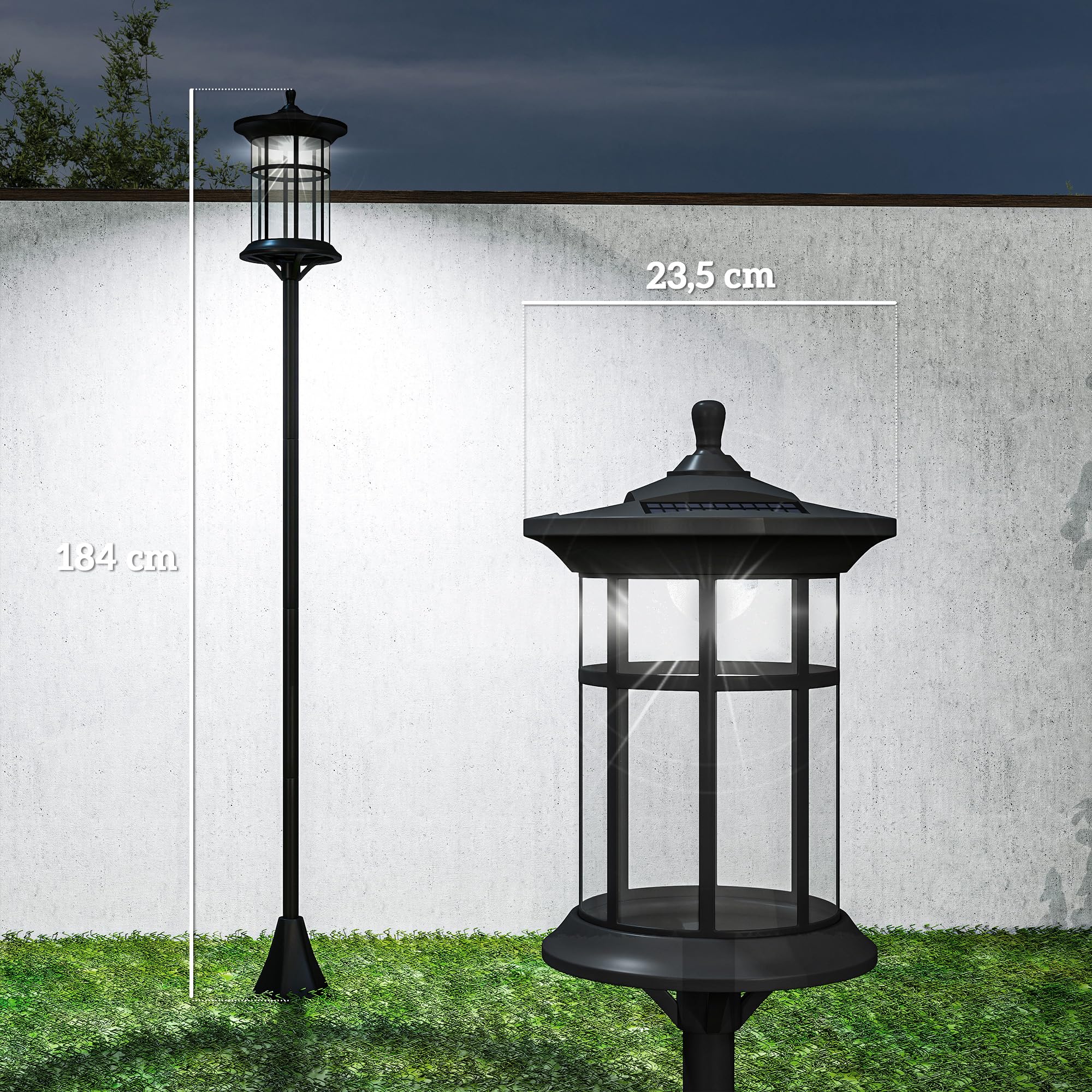 Outsunny 2 Farolas Solares Exterior Luces Solares Exterior con Panel Solar Encendido Automático y Marco de Acero Inoxidable Impermeable IP44 para Terraza Patio 23,5x23,5x184 cm Negro