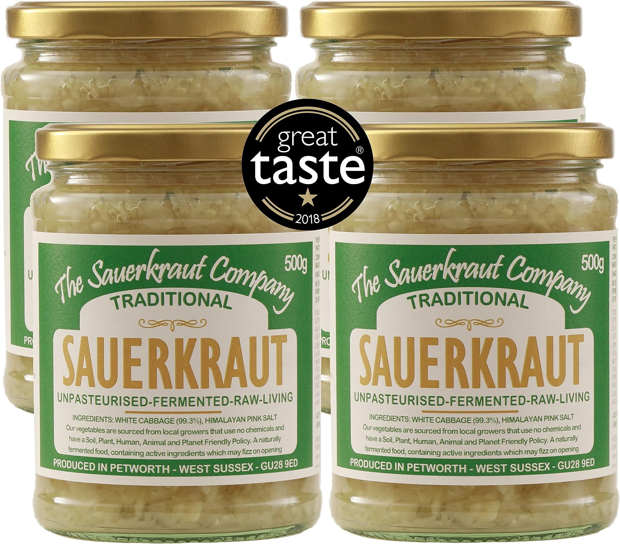 The Sauerkraut Co. Award Winning Traditional Sauerkraut (4x500g). Packed Full of Pro-Gut Living Bacteria (Unpasteurised), Vital Vitamins & Minerals
