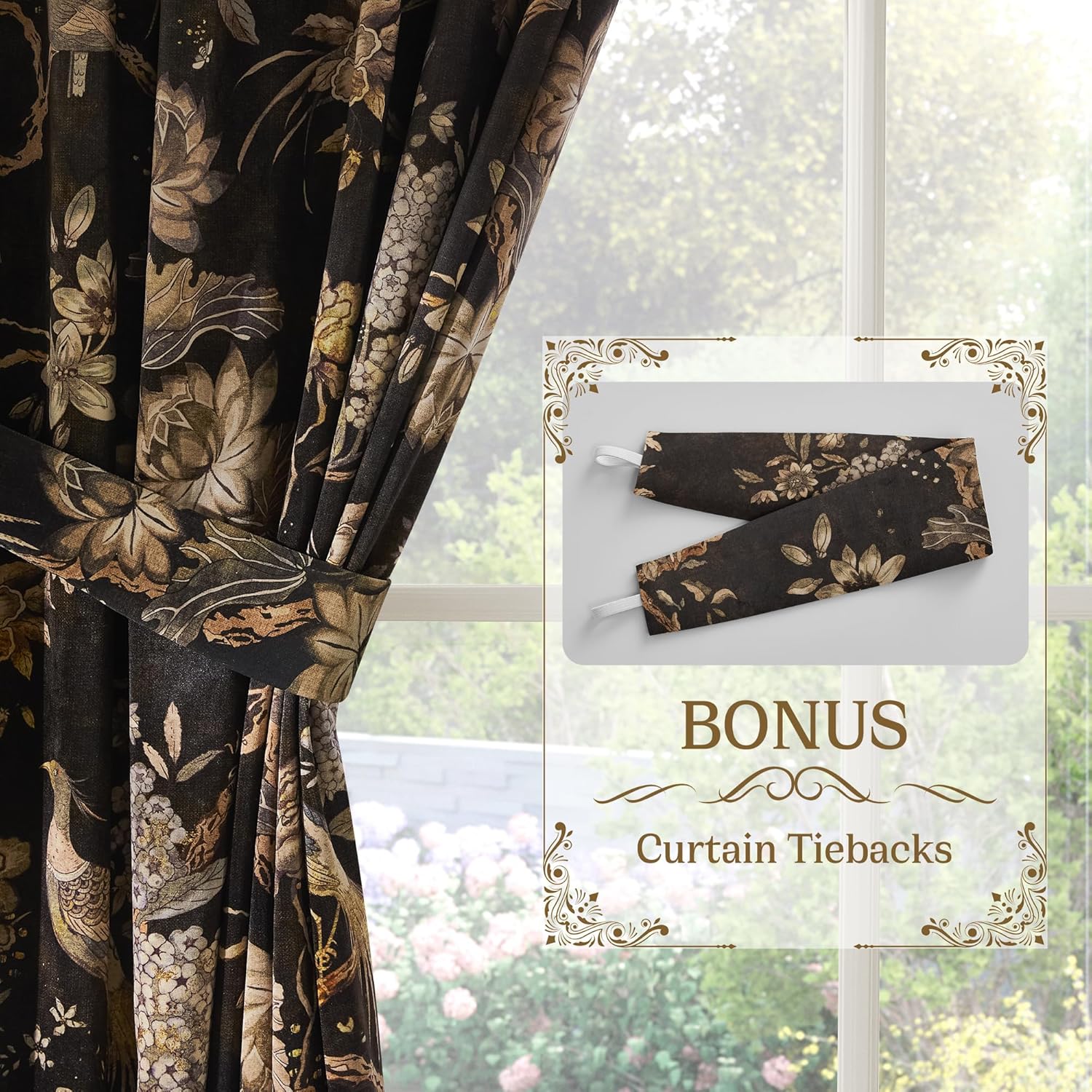 RYB HOME Brown Velvet Curtains Large, Printed Floral Bird Vintage Design Home Decoration Thermal Insulated Room Darkening Drapes for Bedroom Living Room, , 2 Panels