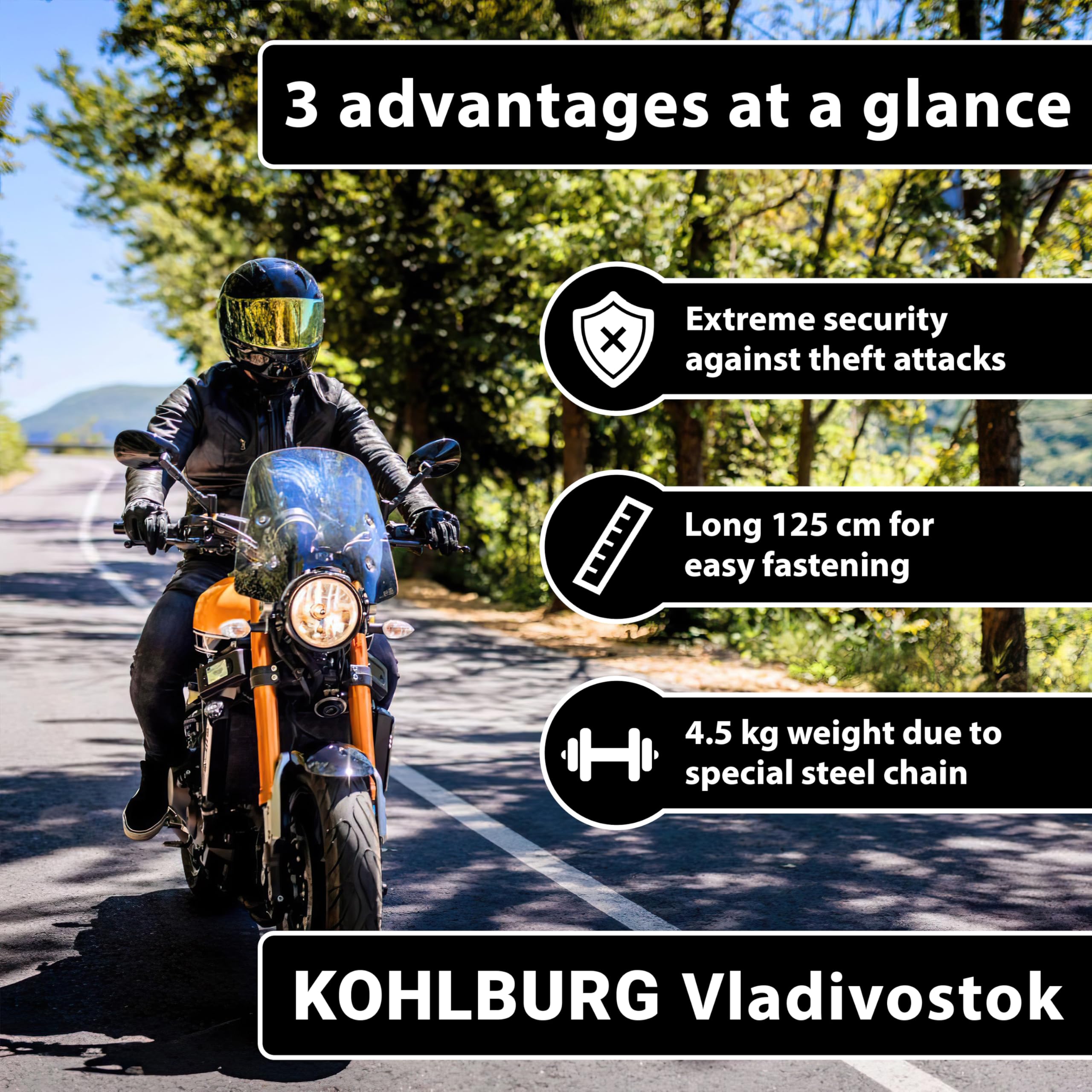 KOHLBURG Masywne zapięcie łańcuchowe o długości 125cm [zabezpieczone przed przecinakiem sworznia] z najwyższym poziomem 15 – zamek do motocykli, skuterów elektrycznych, rowerów