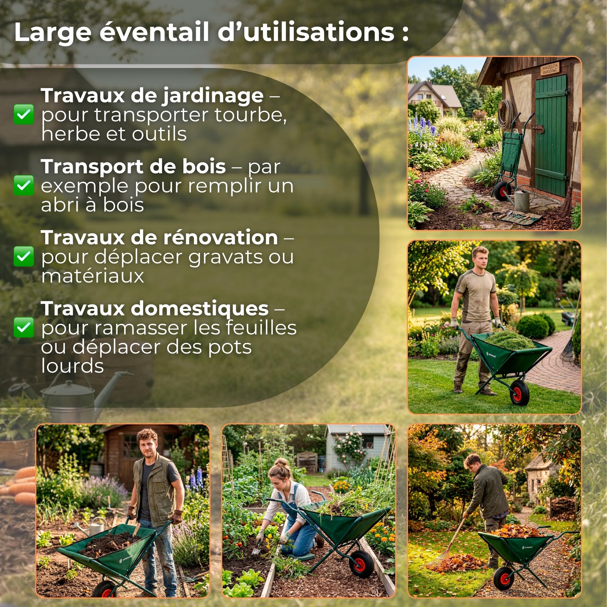 Chariot de jardin pliable de 50 L, avec pneus à air, chariot de transport en tissu Oxford, cadre en acier, compartiments pour outils, brouette pliable pour jardinage, vert