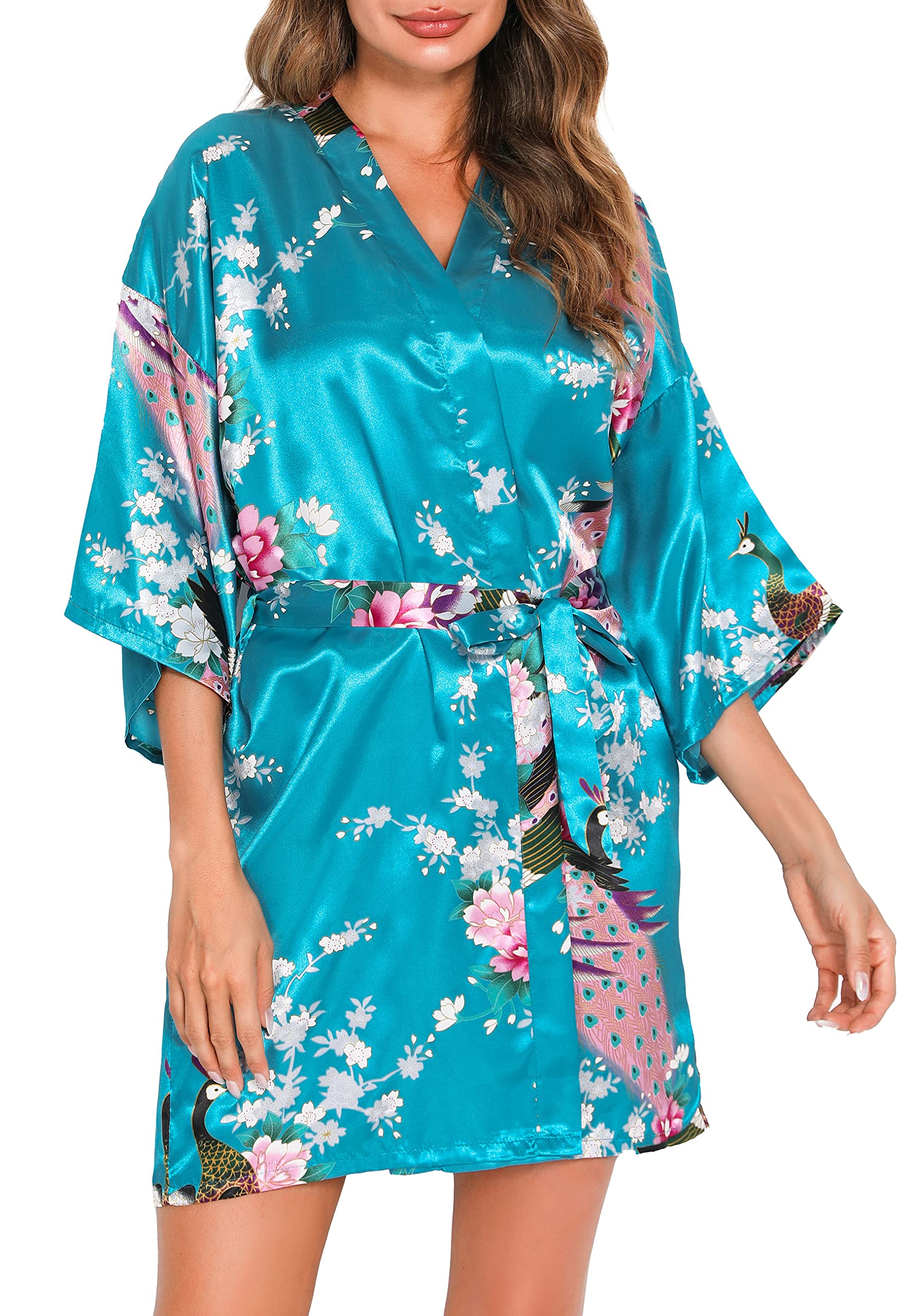 Vlazom Kimono Mujer Vestir Corto de Satén, Bata Seda Mujer de Cuello en V con Estampado Floral y de Pavo Real, Batas Novia y Dama de Honor de Manga 3/4 con Cinturón,S-XXL