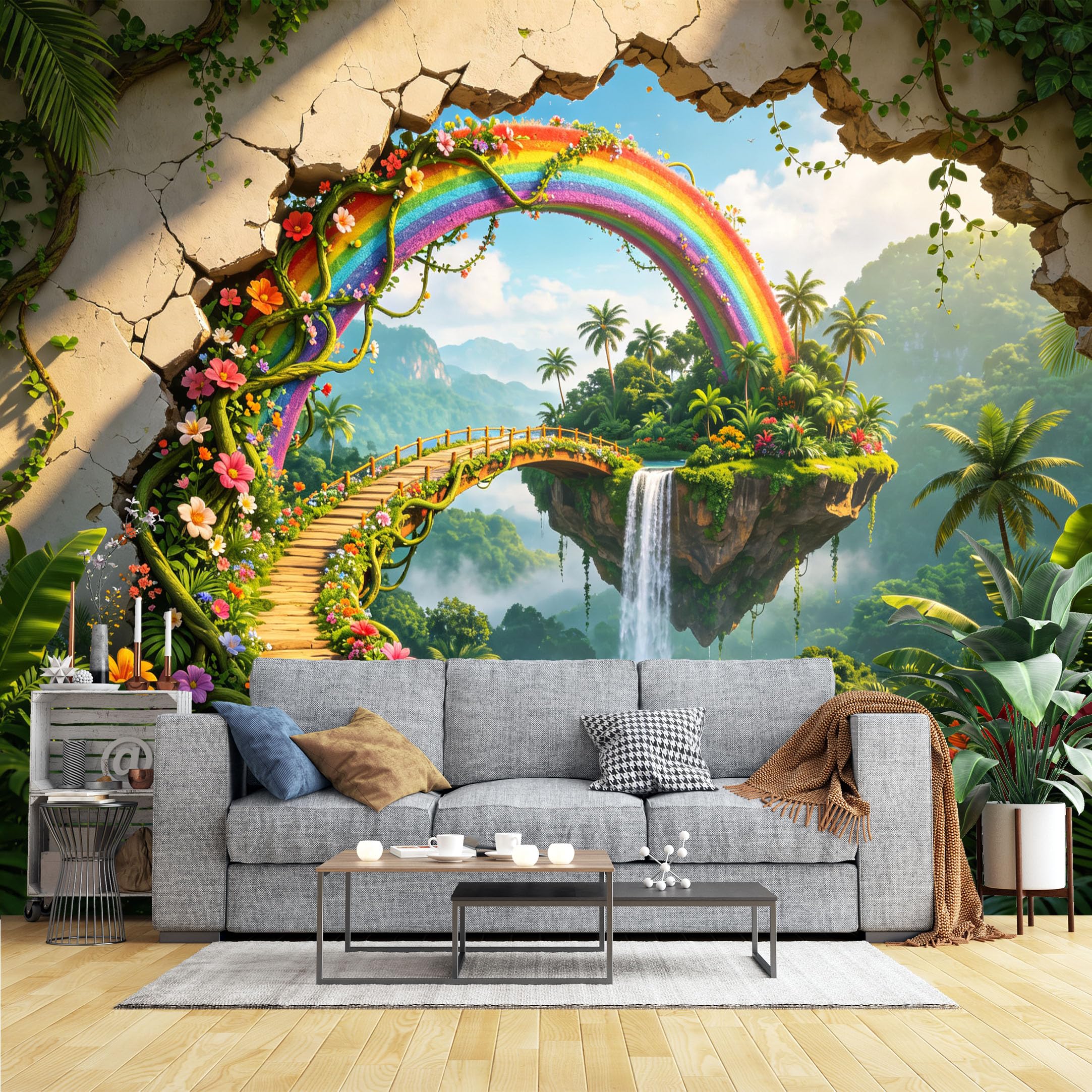 Custom Size Wall Murals Rainbow Bridge and Floating Waterfall Island Wall Murals Fantasy Scenery Wallpaper,3D Self-Adhesive Removable Wallpaper for Kids Room