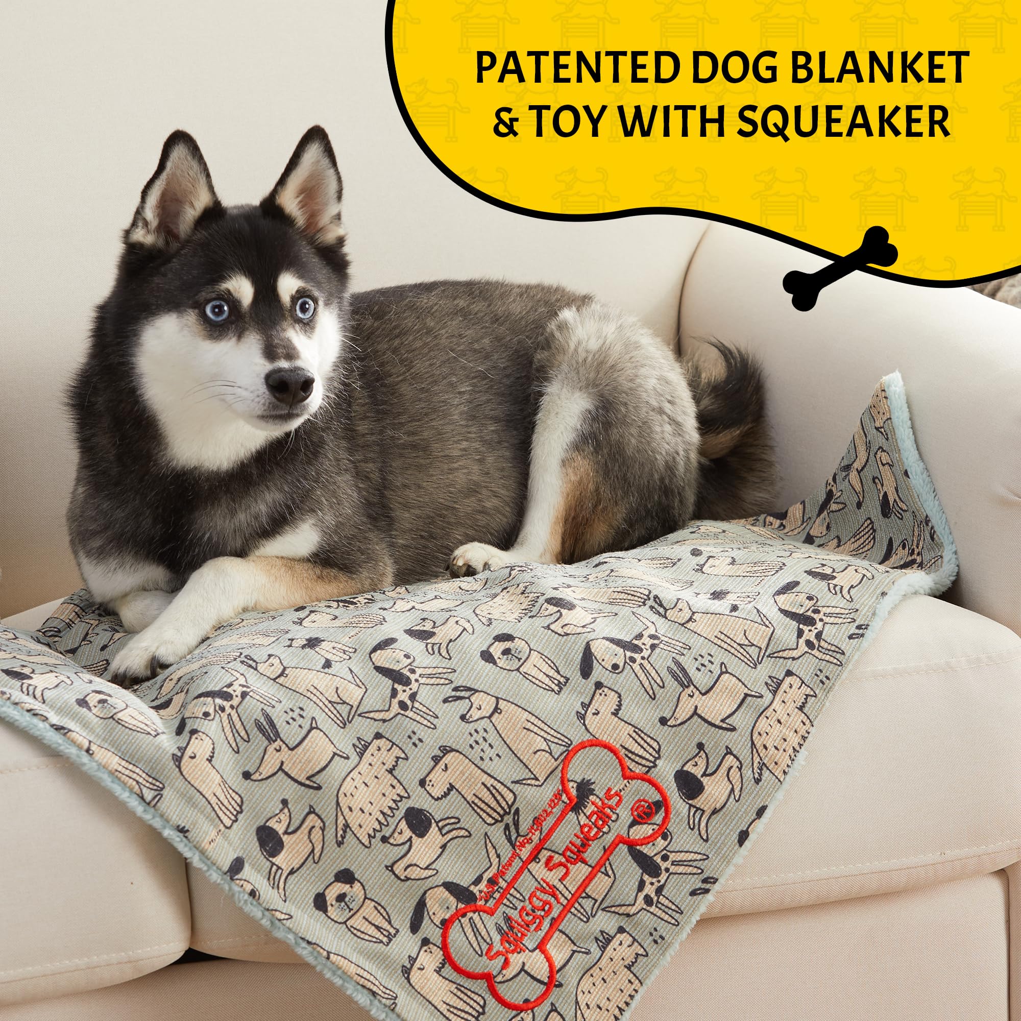 Squiggy Squeaks Sleep and Play Blankets for Dogs and Cats | Ultra Soft, Durable & Machine Washable Pet Blanket and Squeaky Teething Toys for Small Puppy to Medium Dogs | 22