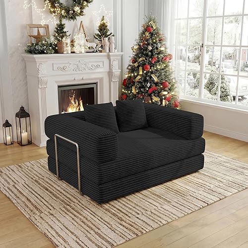 4-in-1 Foldable Sofa Bed Teddy Foam-Filled Compressed Couch Loveseat Sofa Boneless Foldable Convertible Sleeper Sofa Couch for Space Saving Living Room, Guest Bed, Playroom (Black, 53.15"Double Sofa)