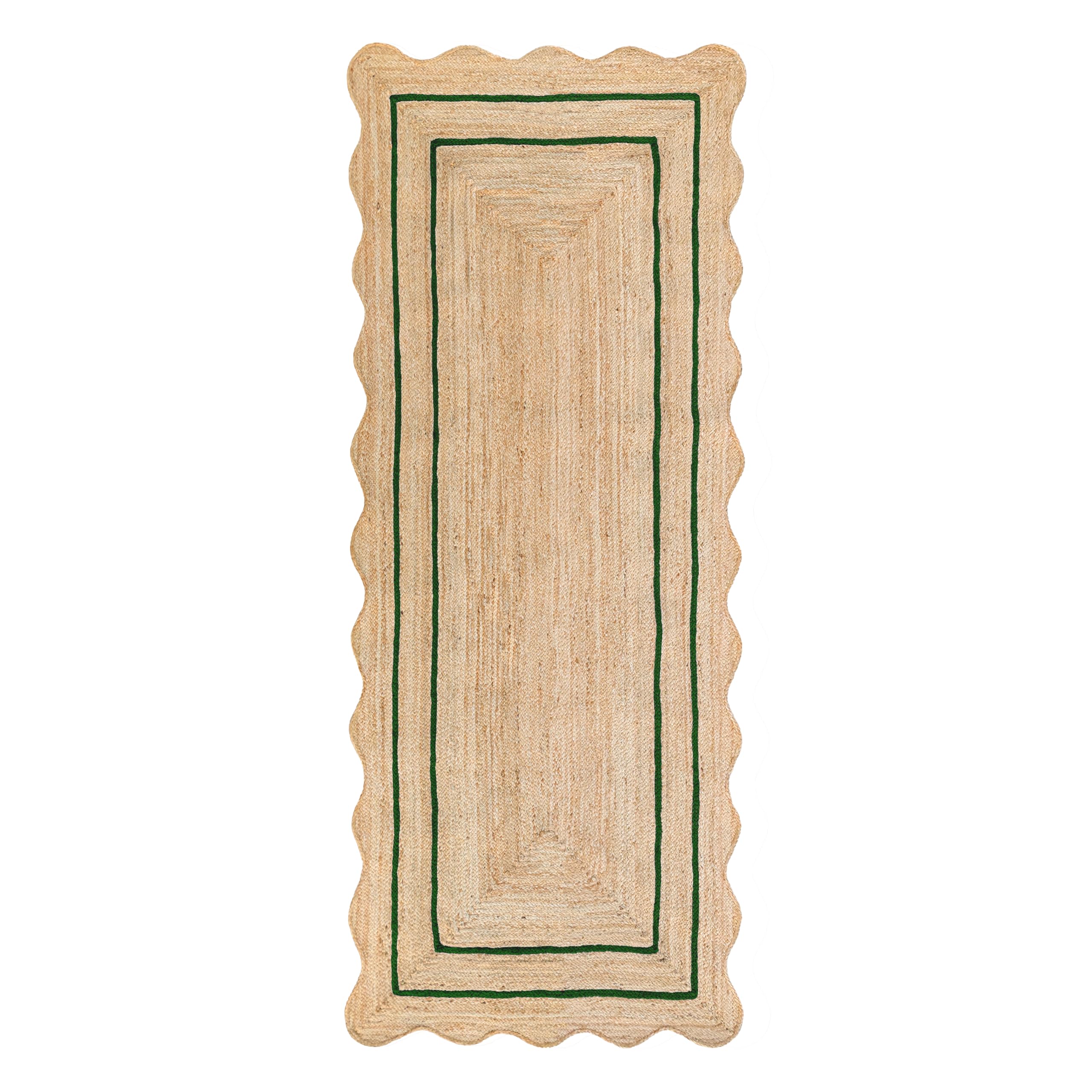 Weaving Village Wave Scalloped Natural Jute Runner, Green (2'6"x6'): Boho Farmhouse Scallop Entryway Rug