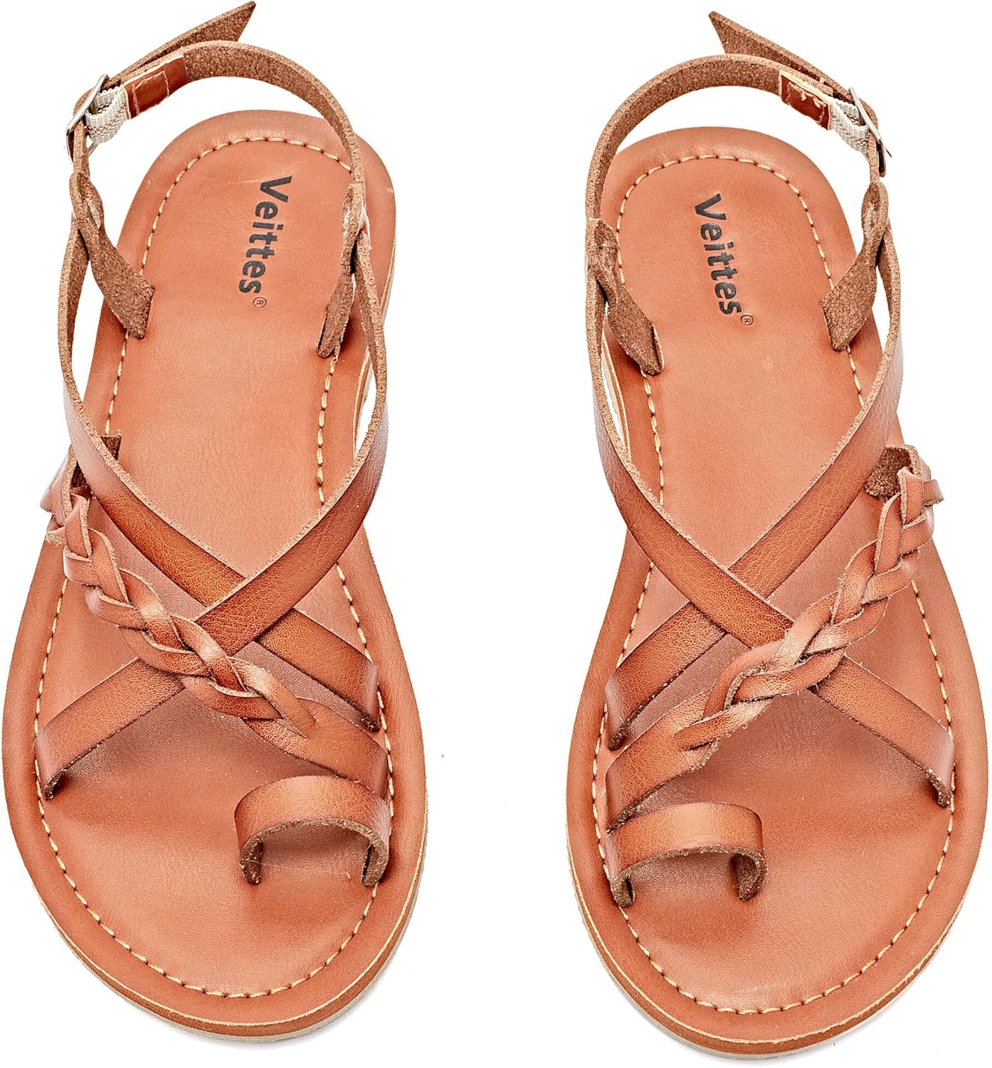 Veittes Women's Fashion Casual Flat Sandals, Solid Color, Round Toe, with Braided Ankle Strap, Buckle Closure,lightweight Rubber Sole, Beach Toe Ring Thong Summer Sandals