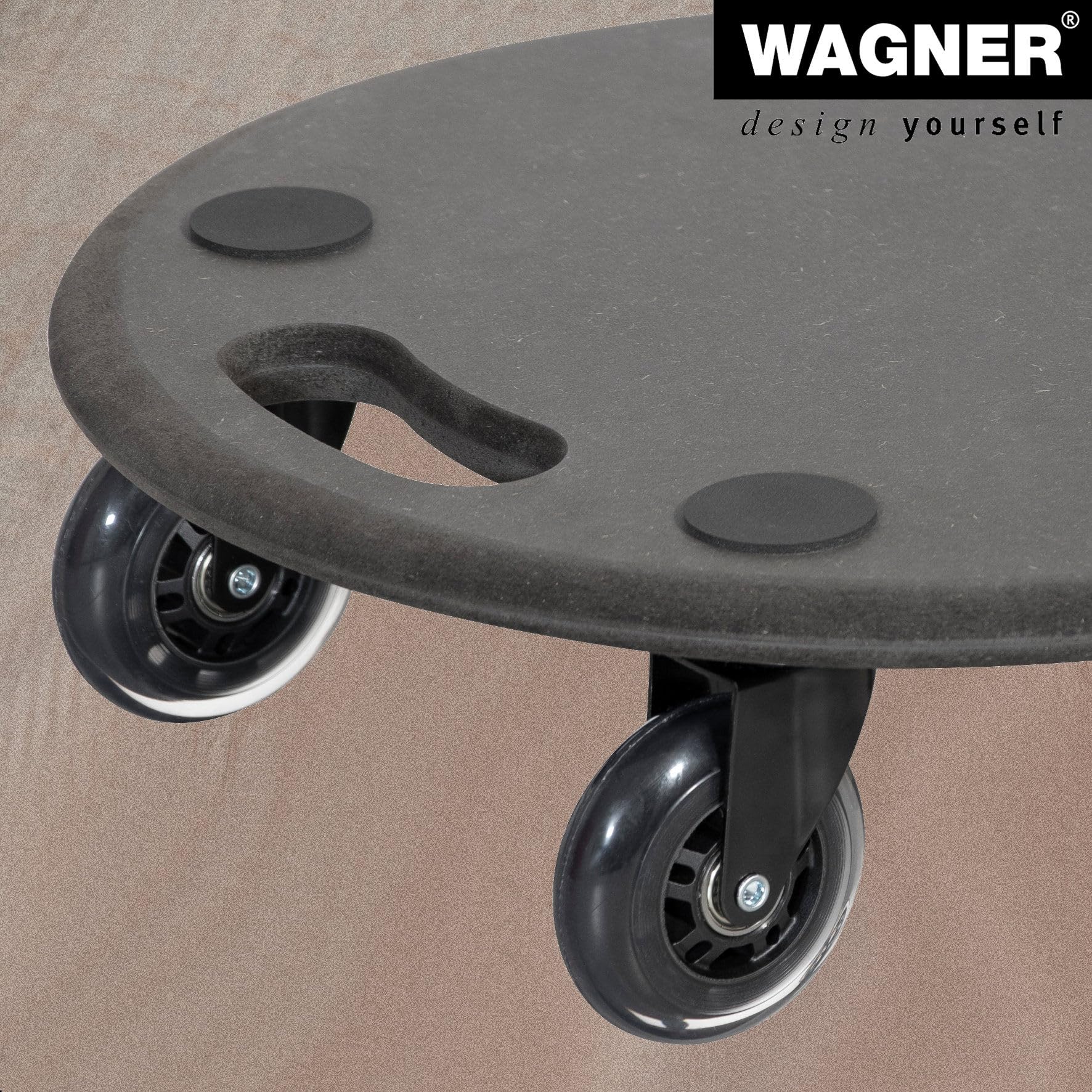 WAGNER Transportroller Transporthilfe 1610 I Plattformwagen schwarz aus MDF I Ø 38 x 11 cm, Tragkraft 250 kg I Möbelroller für Umzüge I Rollbrett rund I Lastenroller mit Tragegriff I FSC®