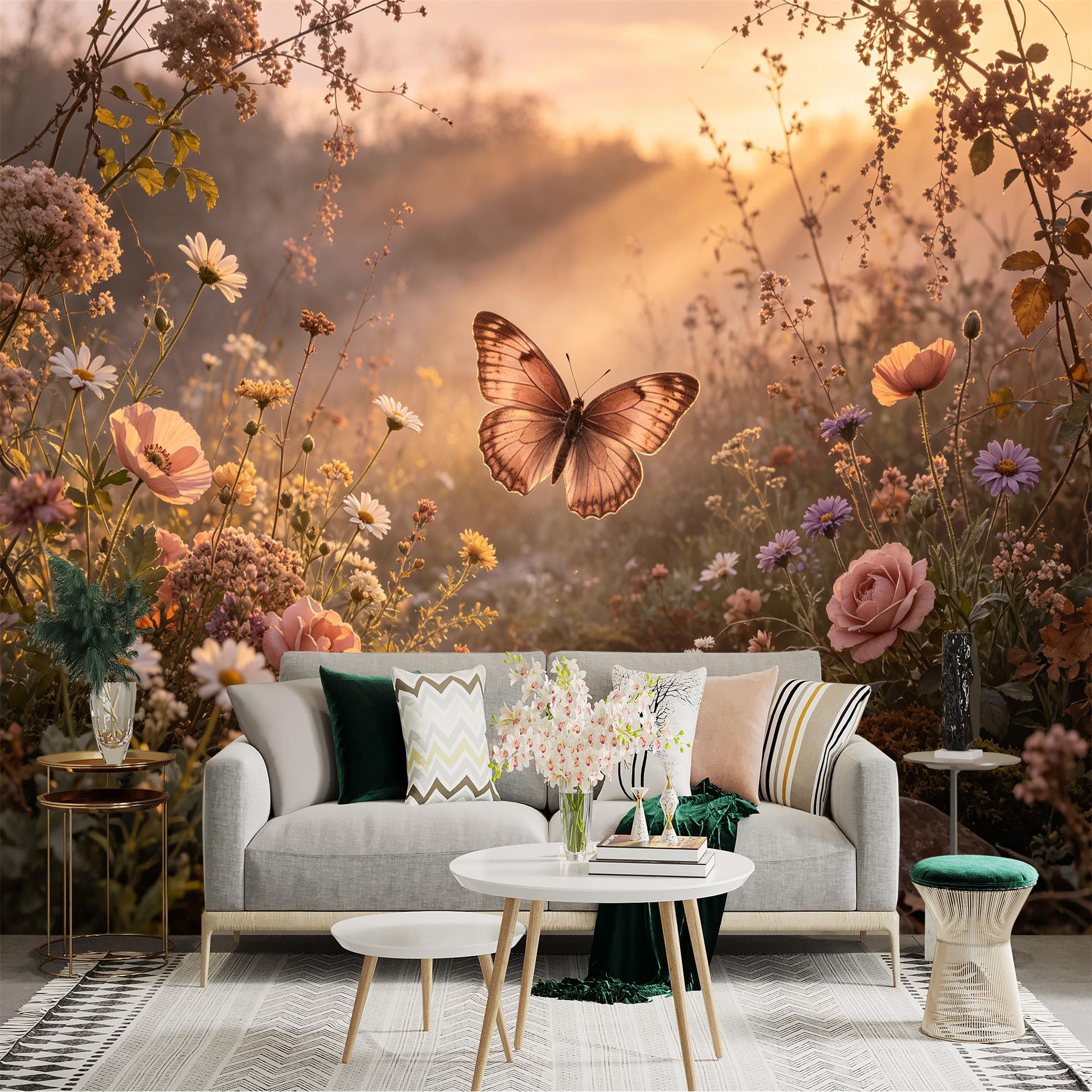 Lnzczhyre Bh260719444 Custom Size Wall Sticker Mural， Flying Butterfly In Sunny Wildflower Meadow， Soft Morning Light， Rustic Garden Scenery， For Wall Decoration， Peelandstick Wall Decals.