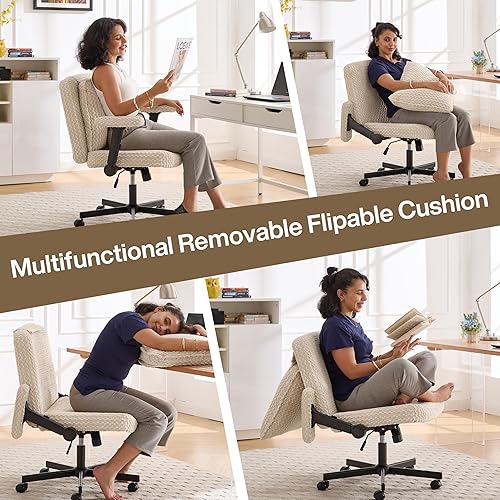Miniatura 3 de Fizzin Silla cruzada con ruedas y brazos, asiento de oficina de 27 pulgadas de ancho con cojín de respaldo abatible, silla giratoria beige de