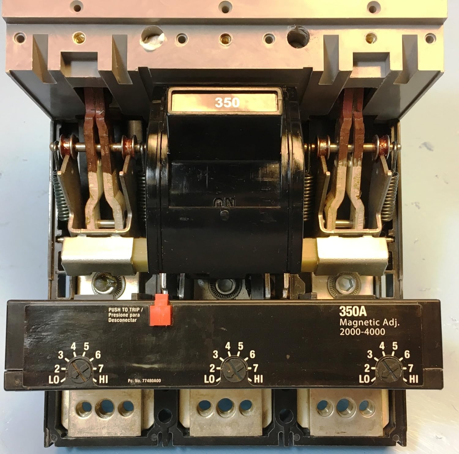 Internal view of SIEMENS JXD63B350 Circuit Breaker showing trip mechanism