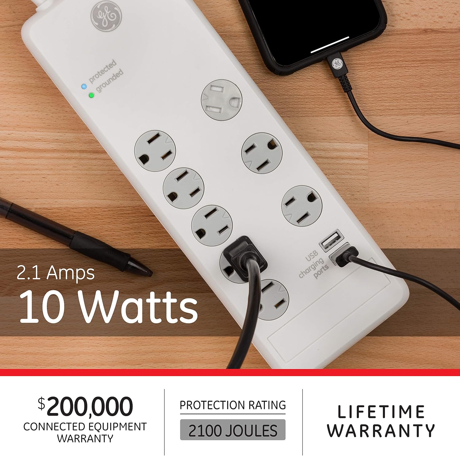 Uр Tо 50% оƒƒ GE Pro 7-Outlet Surge Protector, 2 USB Ports, 4 Ft Power Cord, 2100 Joules, 3 Adapter Spaced Outlets, Flat Plug, Twist to Close Safety Covers, Power Filter, Circuit Breaker, UL Listed, White, 14049
