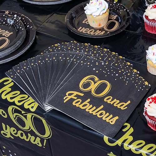 Miniatura 7 de Juego de 202 piezas de decoración de cumpleaños 60 con pancarta preencordada, platos, vasos, servilletas, mantel, juego completo de cubiertos y