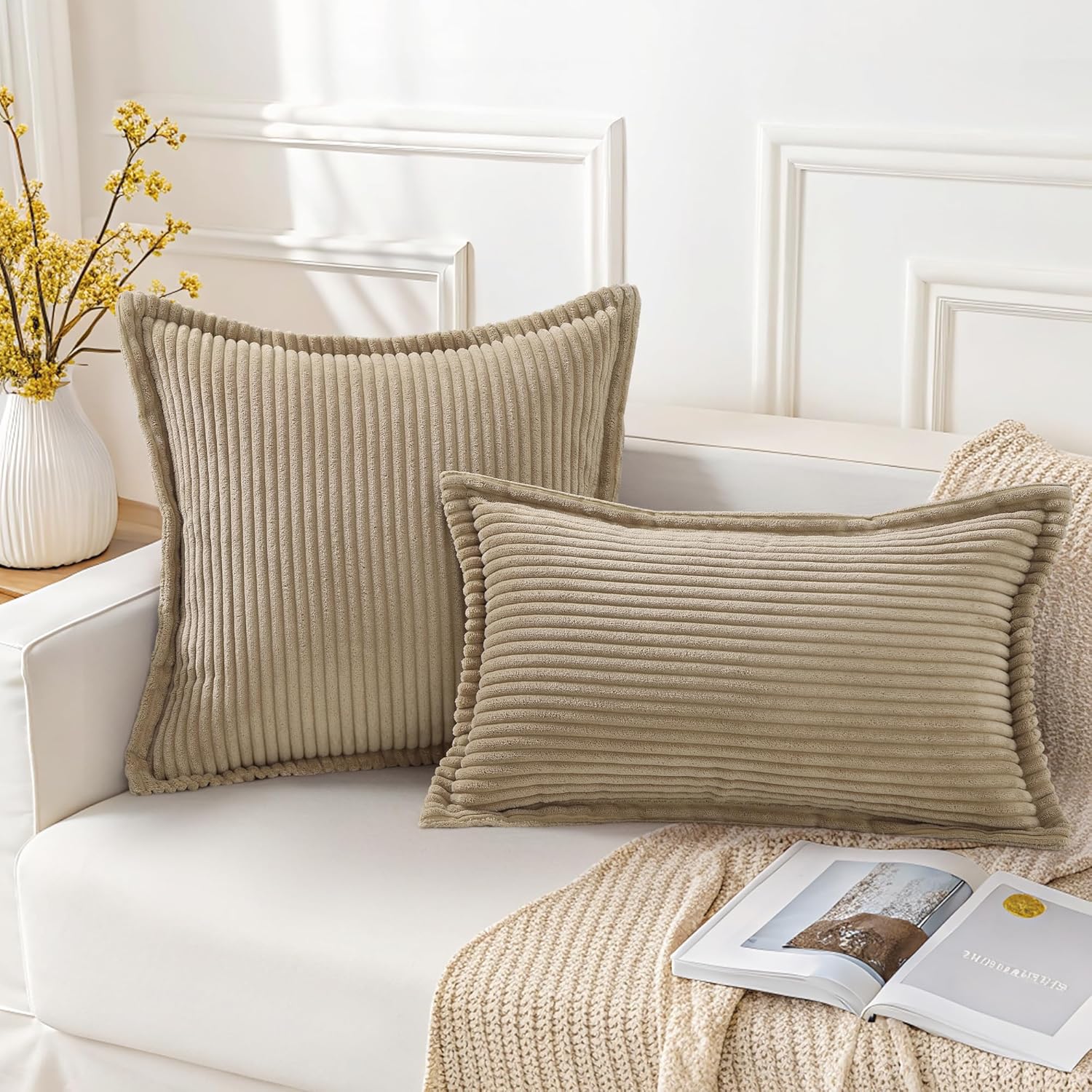 Mecatny Corduroy Throw Pillow Covers 22x22 Set of 2, Neutral Decorative Soft Boho Couch Pillow Covers with Broadside for Sofa Living Room, Khaki - Image 2