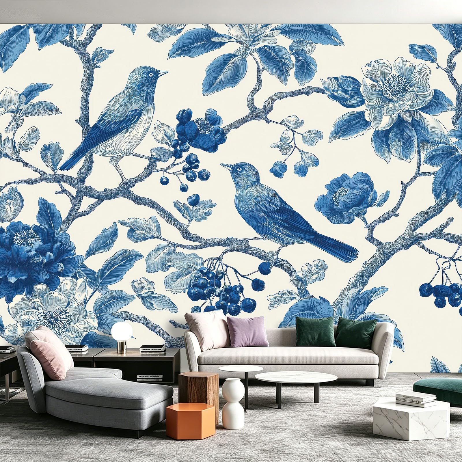 Fototapete Premium - Vlies Florale Tiere 350 x 256 cm (BxH) für Wohnzimmer Schlafzimmer Flur - Vliestapete Motivtapeten Bildtapete Foto Blumen Beeren Zweige
