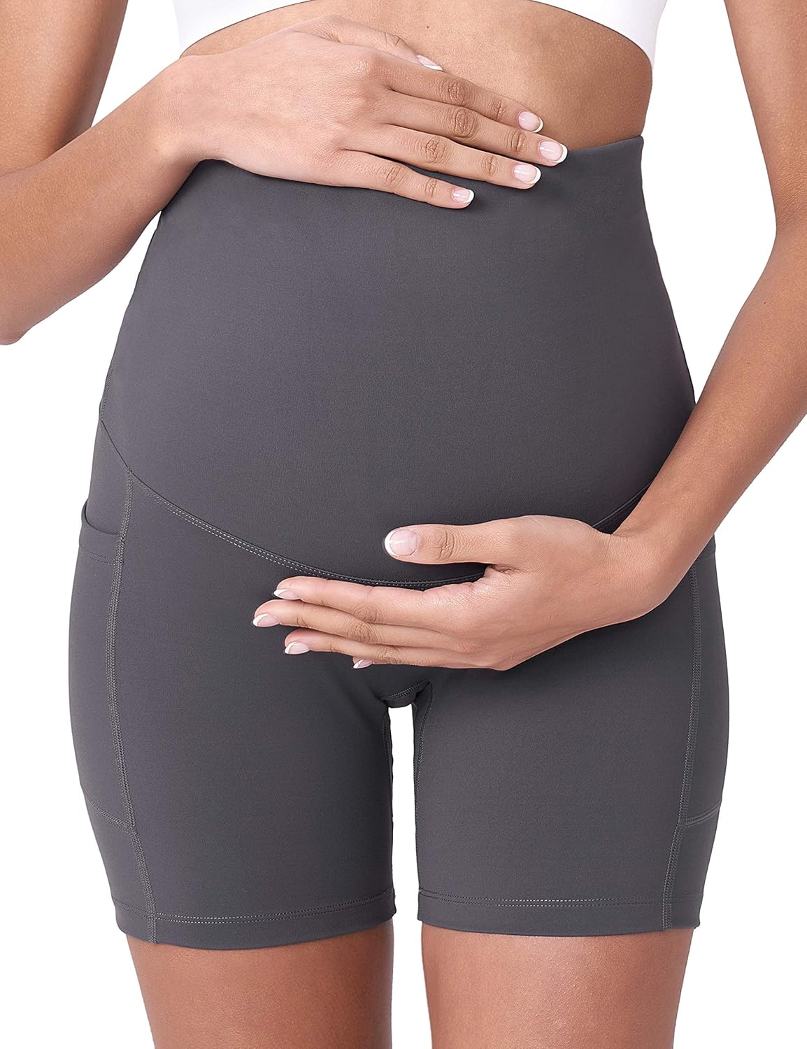 POSHDIVAH Women's Maternity Yoga Shorts Over The Belly Bump Summer Workout Running Active Short Pants with Pockets 5"/8" - Image 4