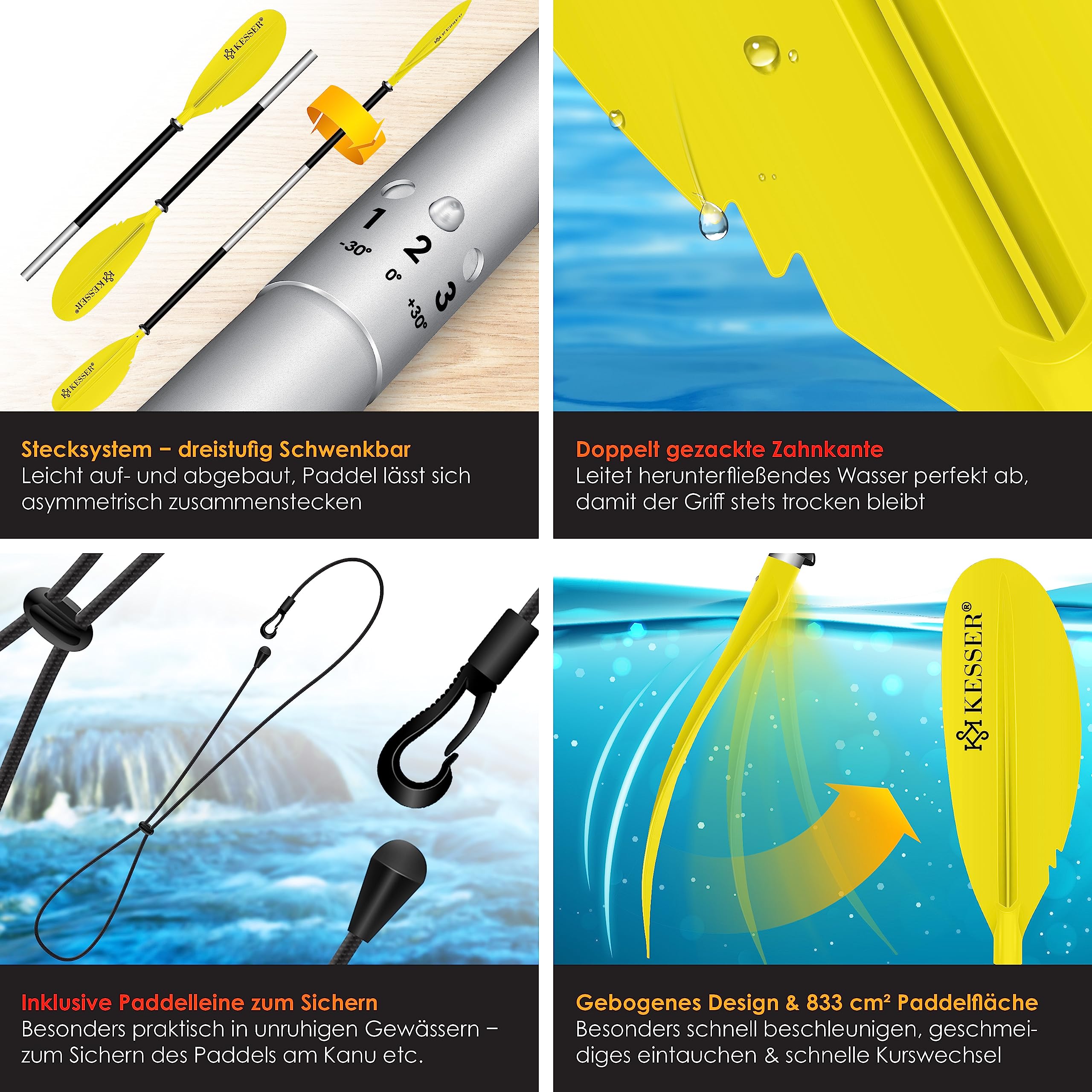 KESSER® Paddle Doppia pagaia – 4 Pezzi per Canoa Kayak SUP Stand-Up Paddling Board Poggiapiedi in Alluminio, 228 cm, Super Leggera per gommoni, Stand Up Paddle, Kayak, Surf, Barca