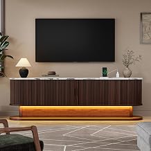 DHH 70" Fluted TV Stand with Power Outlet for TVs up to 80", Mid Century Modern TV Console with LED Lights and Storage,Entertainment Center with Sliding Door for Living Room BedroomWalnut+Marble