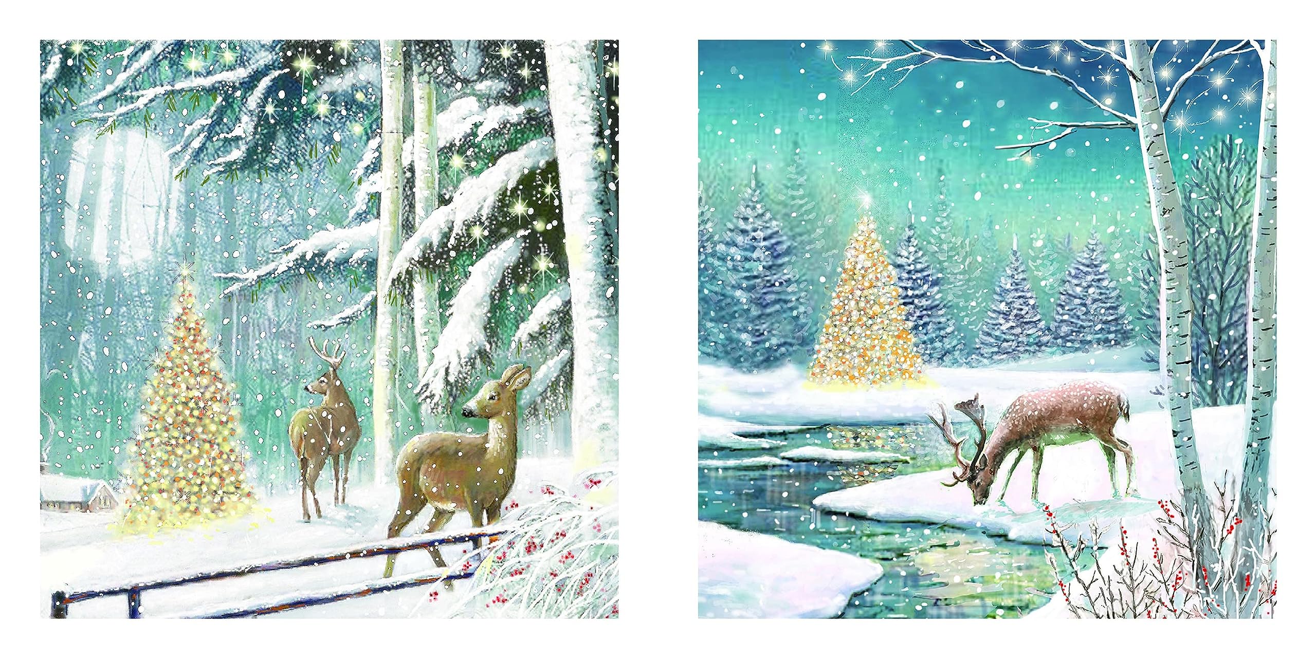 GBCC Ling Design Box of 20 Artistic Charity Christmas Cards, 'Deer Scene', Winter Forest With Christmas Tree & Deer - Image 3